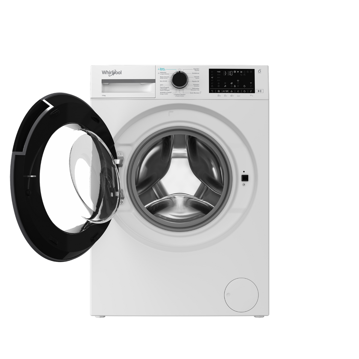 Una lavatrice Whirlpool bianca con l'oblò aperto, che rivela un cestello argentato.