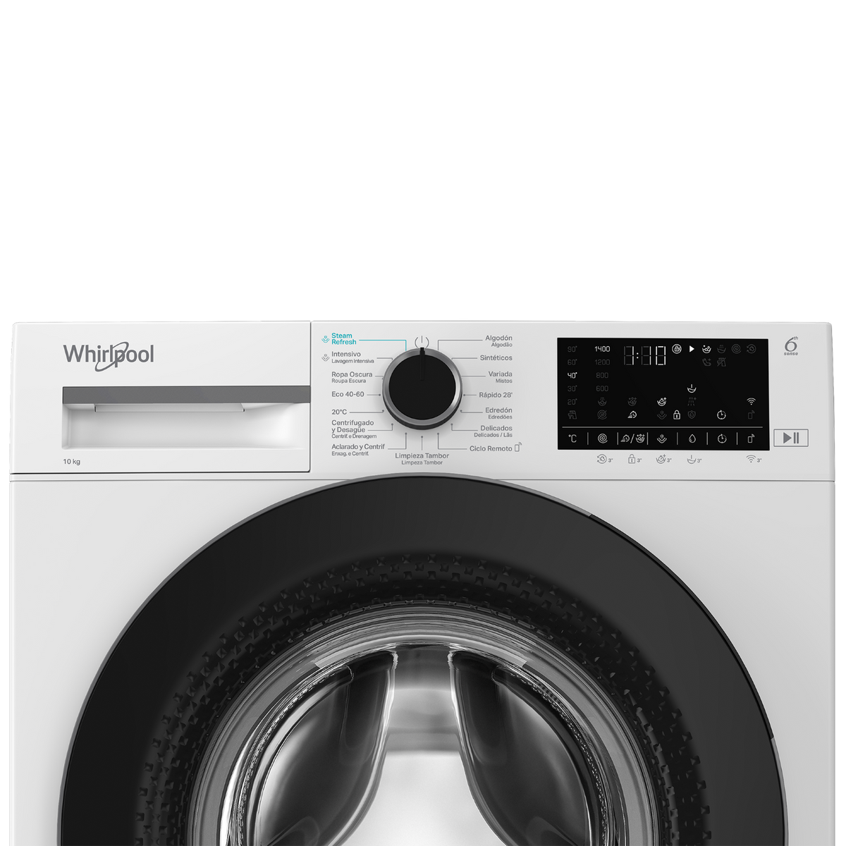 Una lavatrice Whirlpool bianca con oblò e pannello comandi neri.