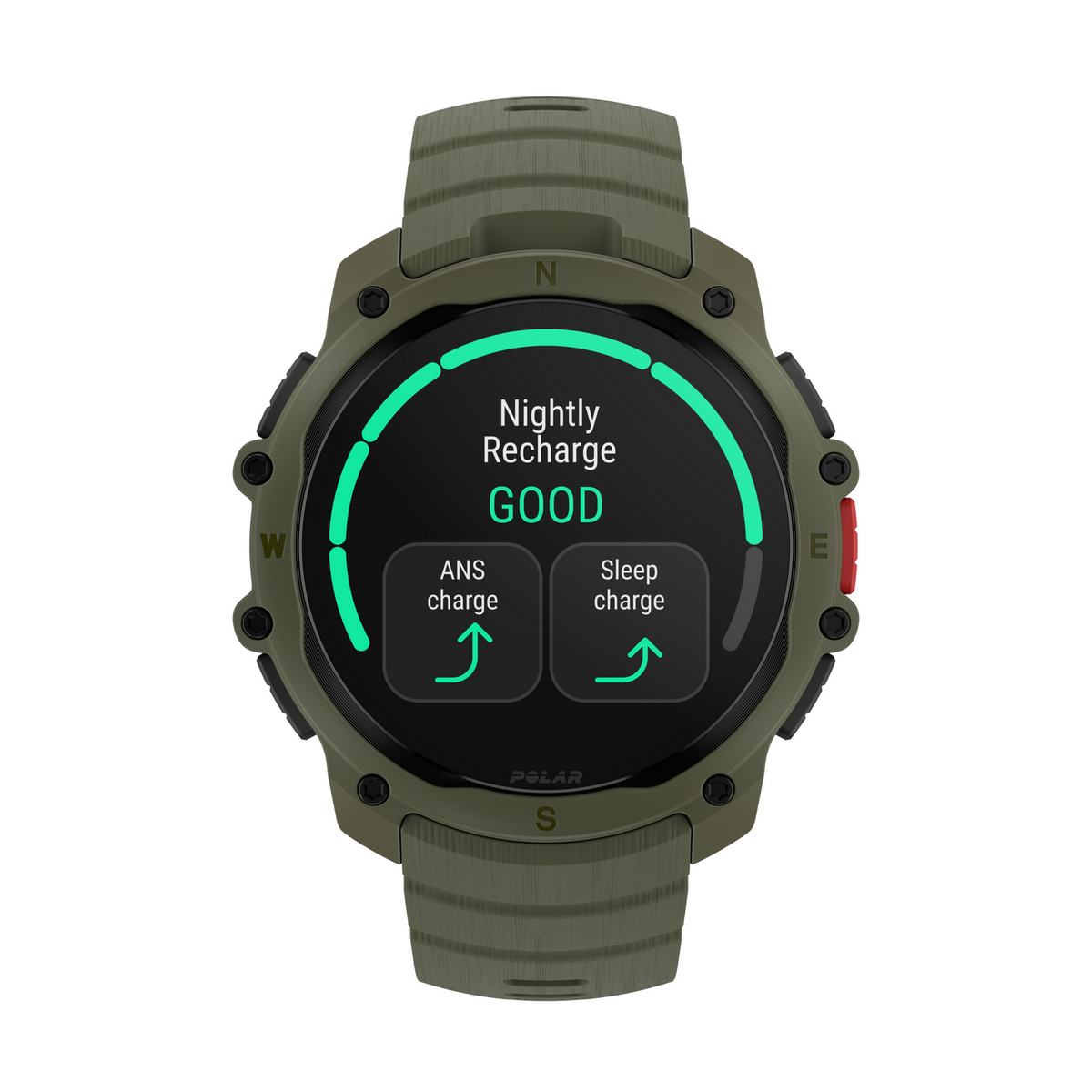 Uno smartwatch verde con quadrante nero che mostra "Nightly Recharge GOOD" e icone di carica.