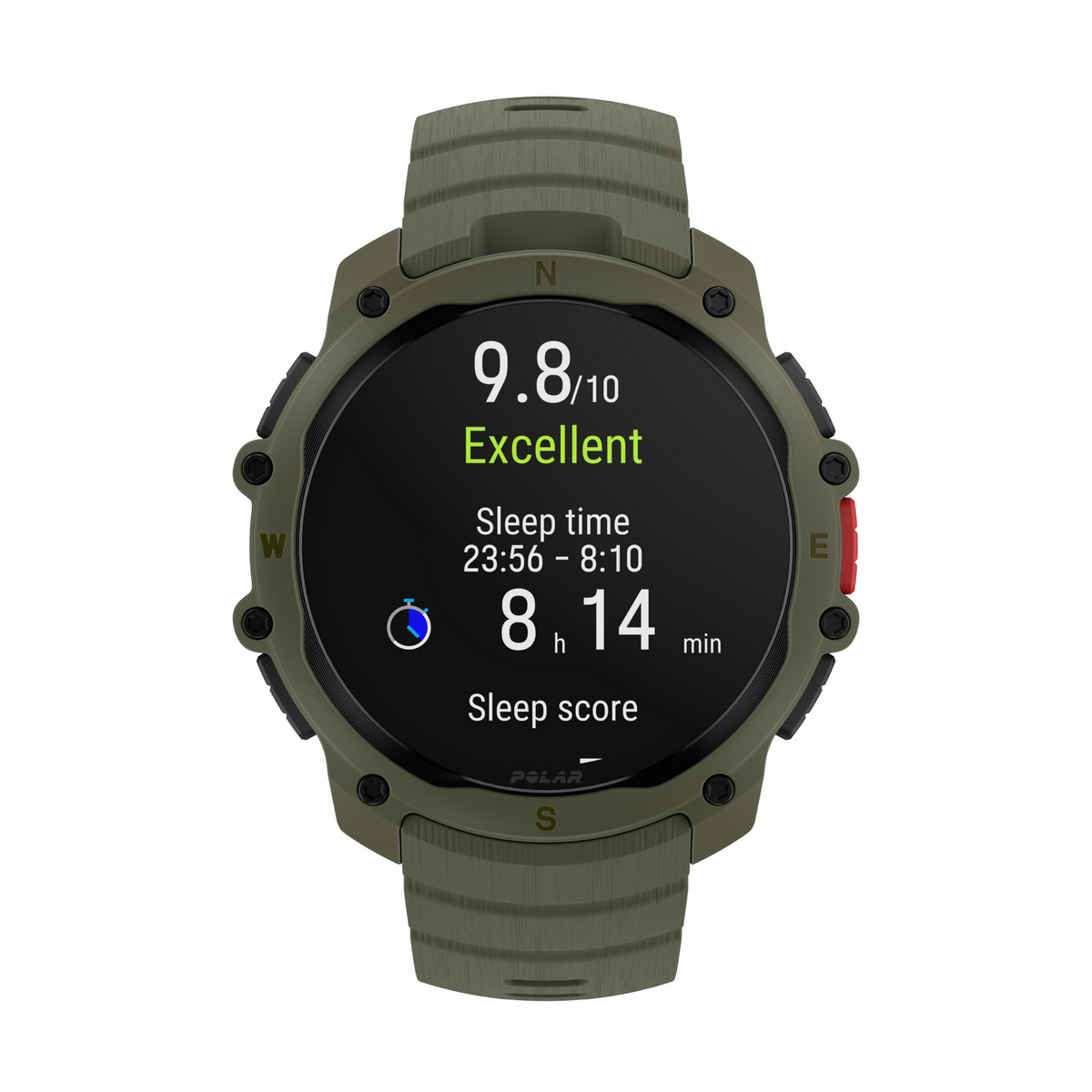 Uno smartwatch verde mostra 9,8/10 Eccellente, ora di sonno 23:56-8:10, 8:14h sonno.