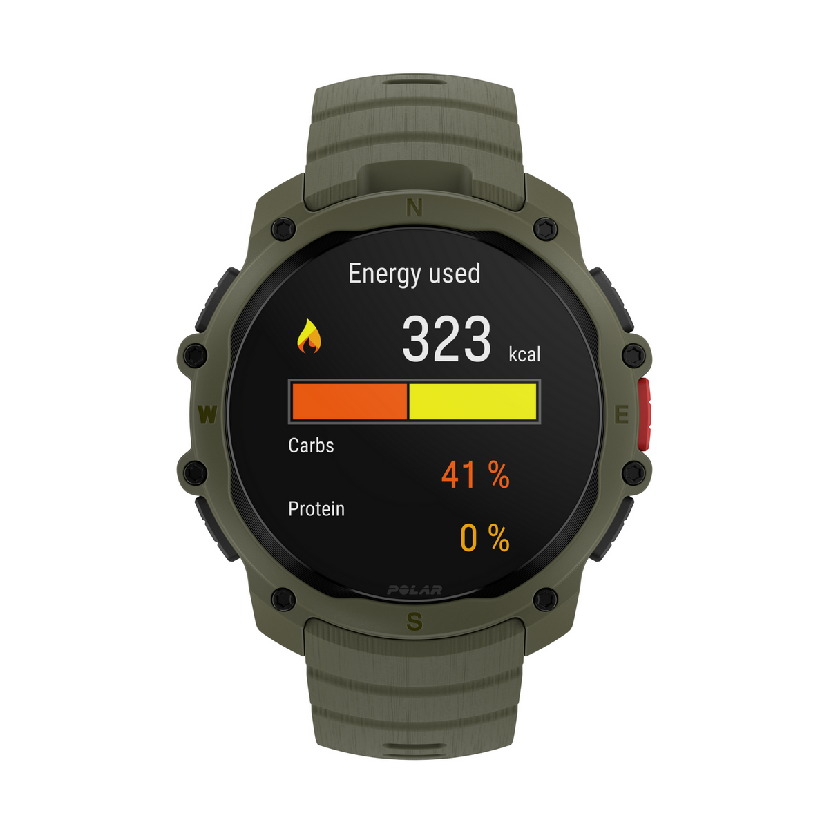 Smartwatch verde mostra 323 kcal energia utilizzata, 41% carboidrati, 0% proteine.