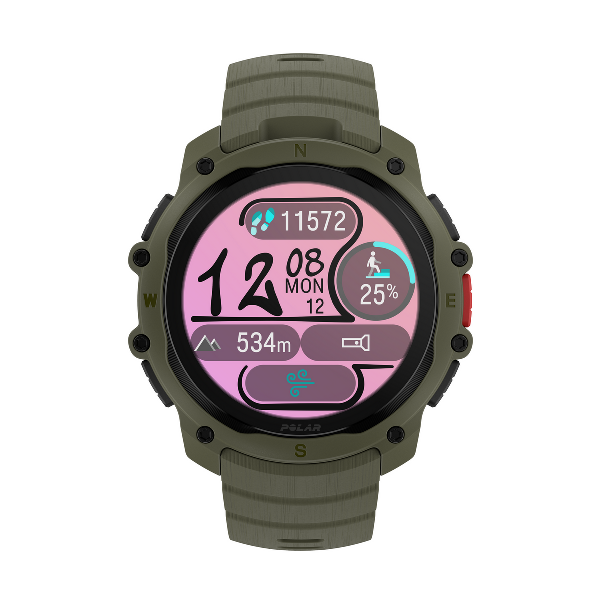 Smartwatch verde con quadrante rosa mostra 11572 passi, ore 12:08, altitudine 534m.