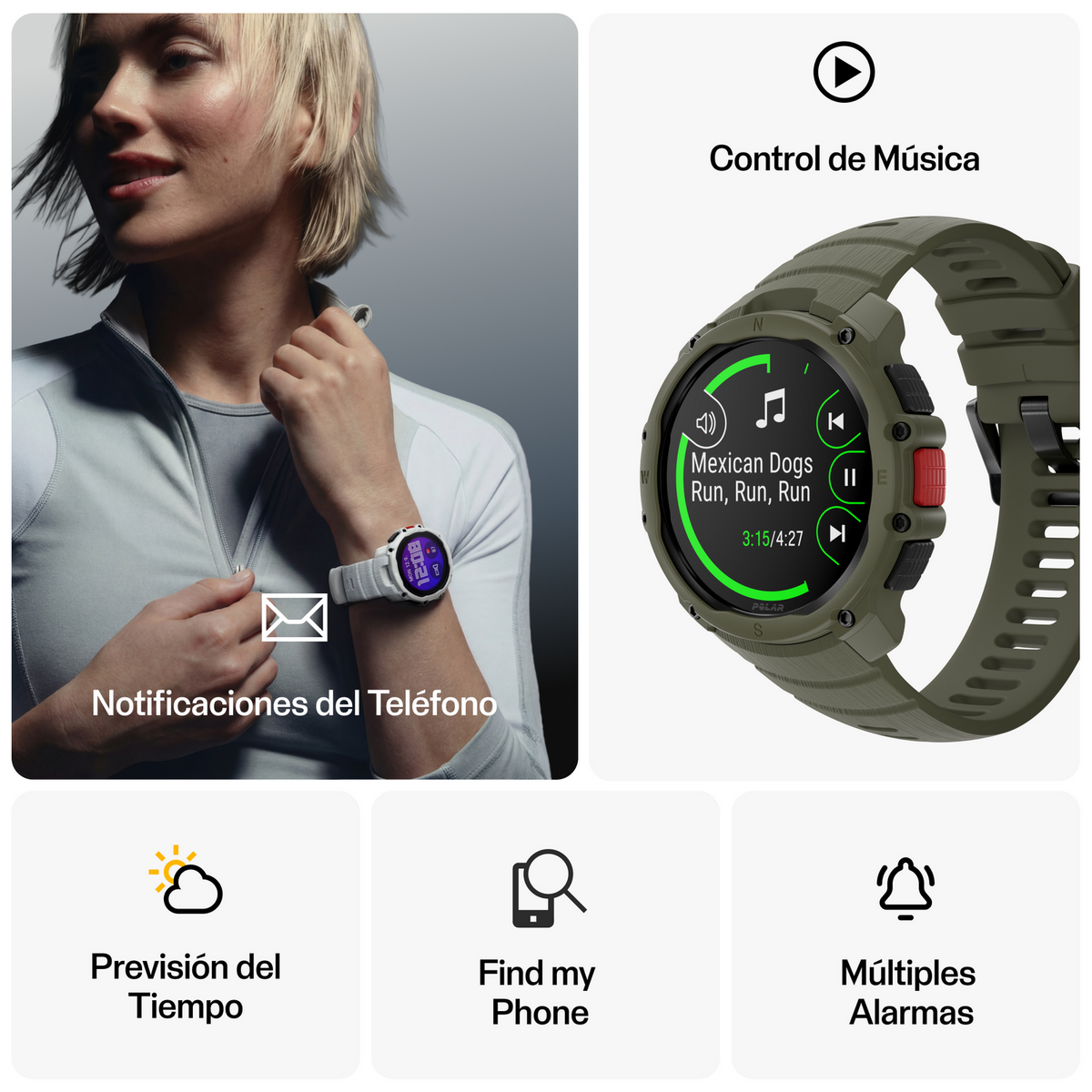 Donna con smartwatch bianco, smartwatch verde riproduce musica, meteo, trova telefono, allarme.