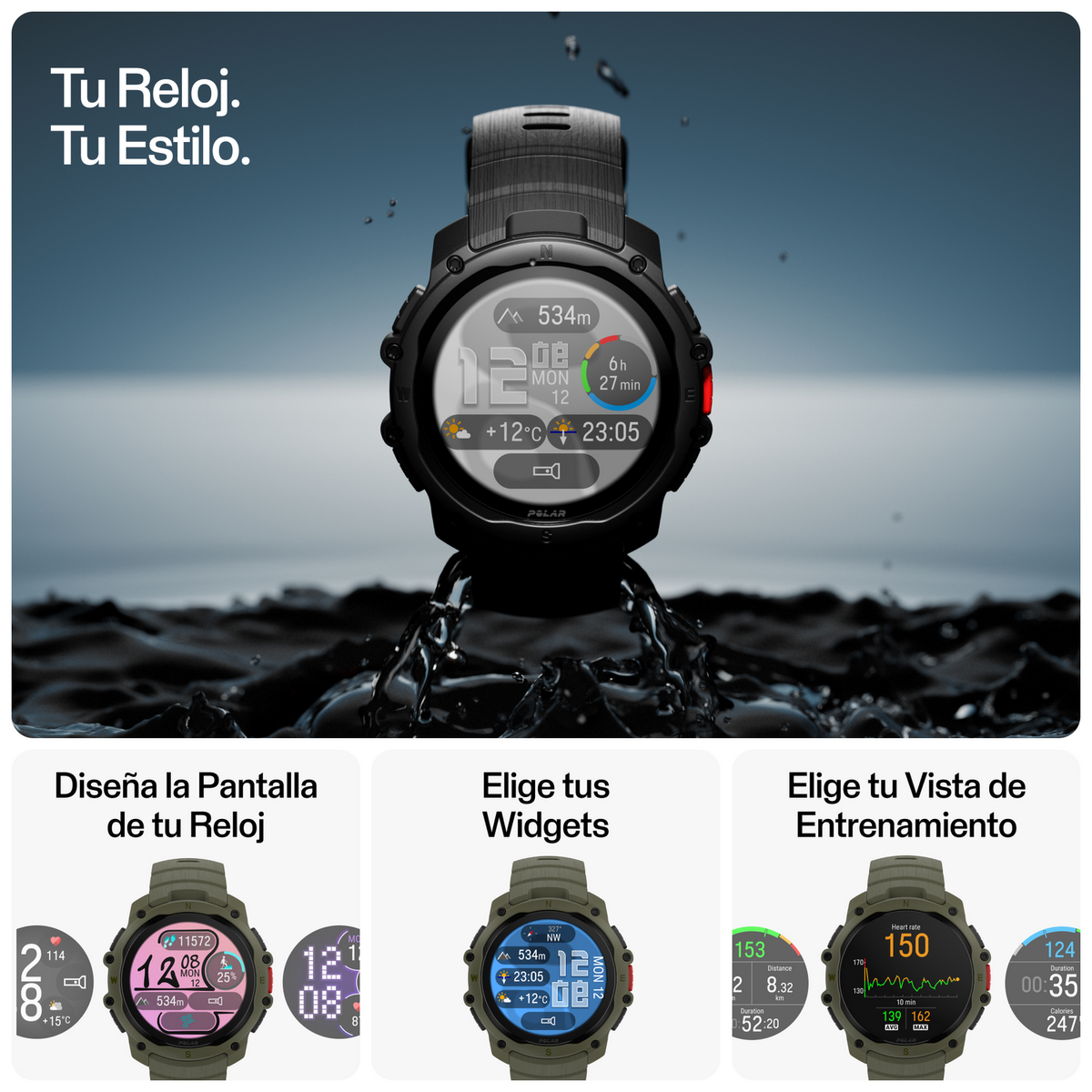 Un orologio sportivo con quadrante dettagliato e tre display inferiori.