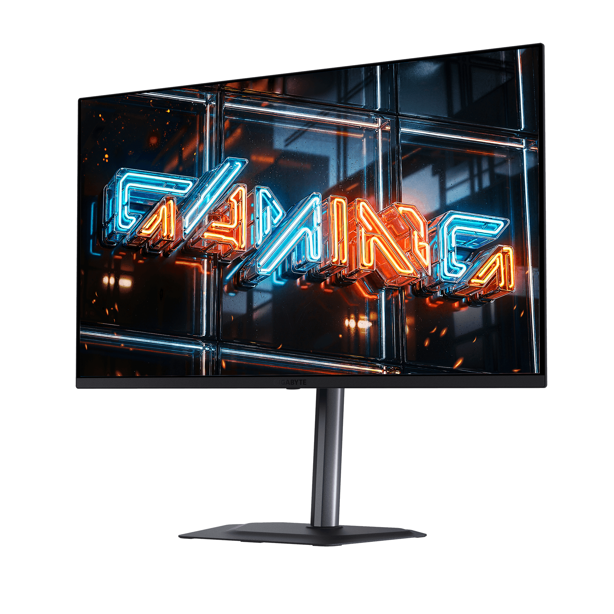 Texte néon 'GAMING' bleu et orange sur fond métallique sombre.