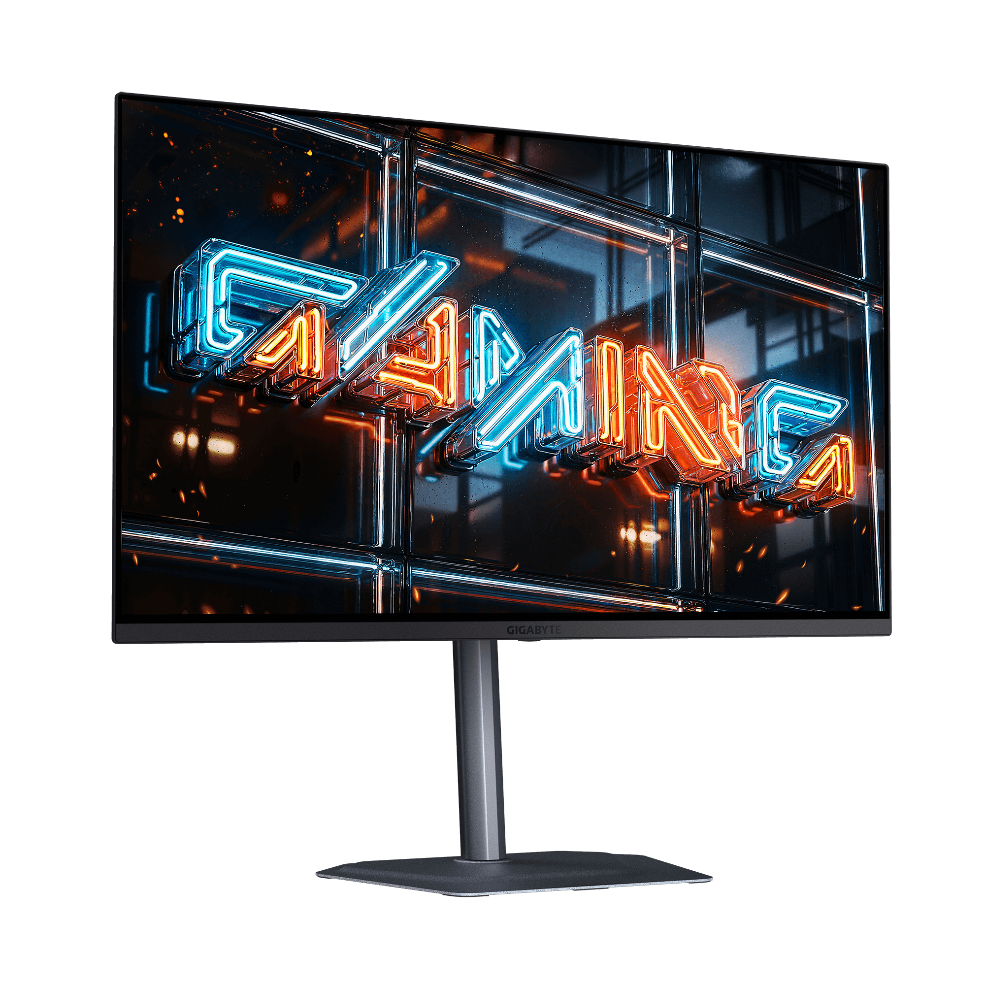 Un moniteur affiche le panneau néon GAMING en bleu et orange sur fond sombre.