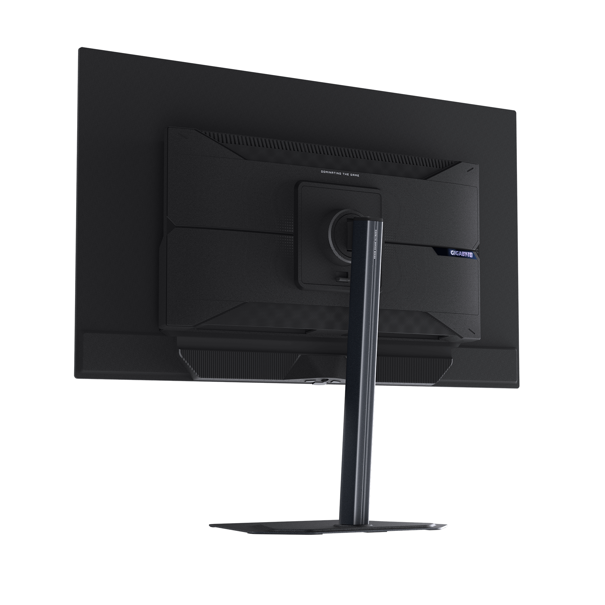 Vue arrière d'un moniteur noir avec un pied métallique. Le logo Gigabyte est visible.