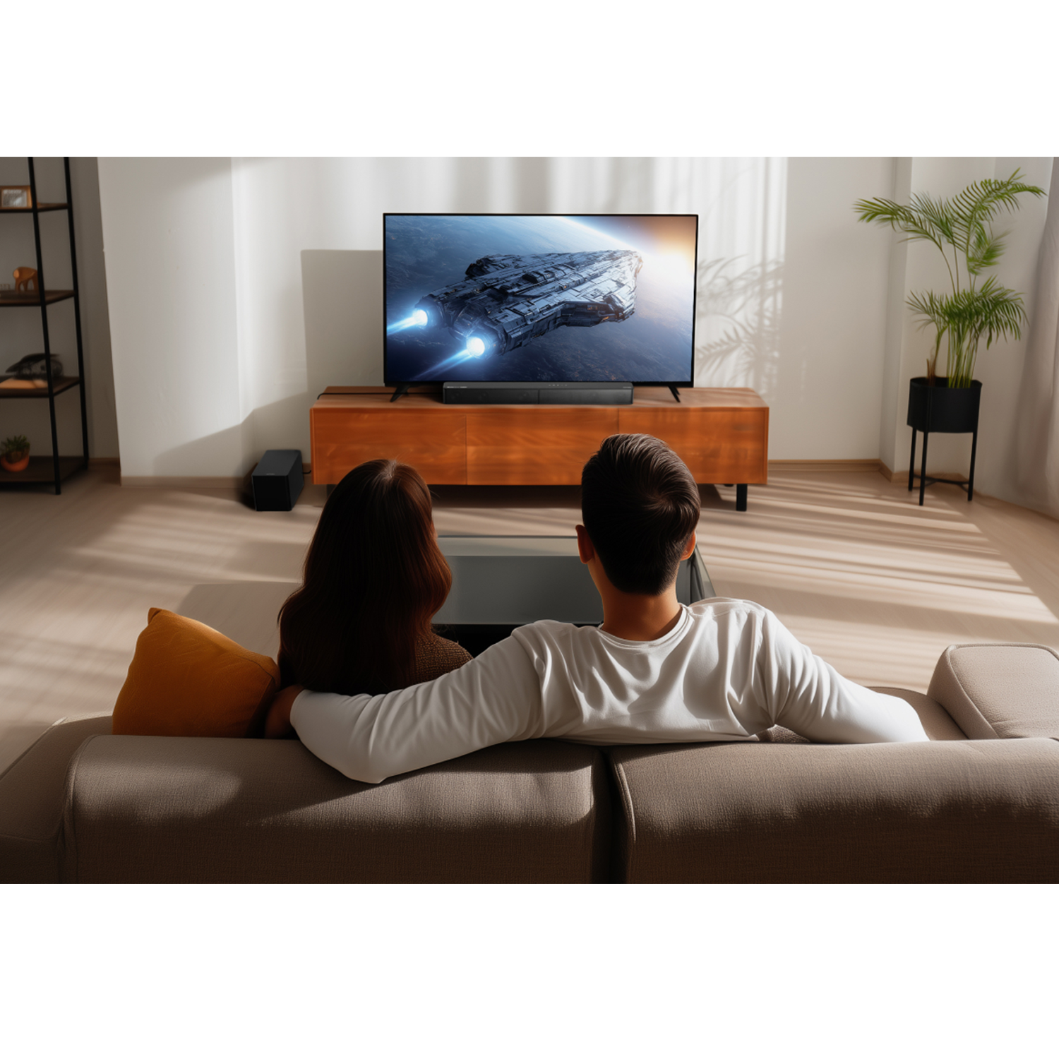 Paar schaut auf ein Raumschiff auf einem Fernsehbildschirm.