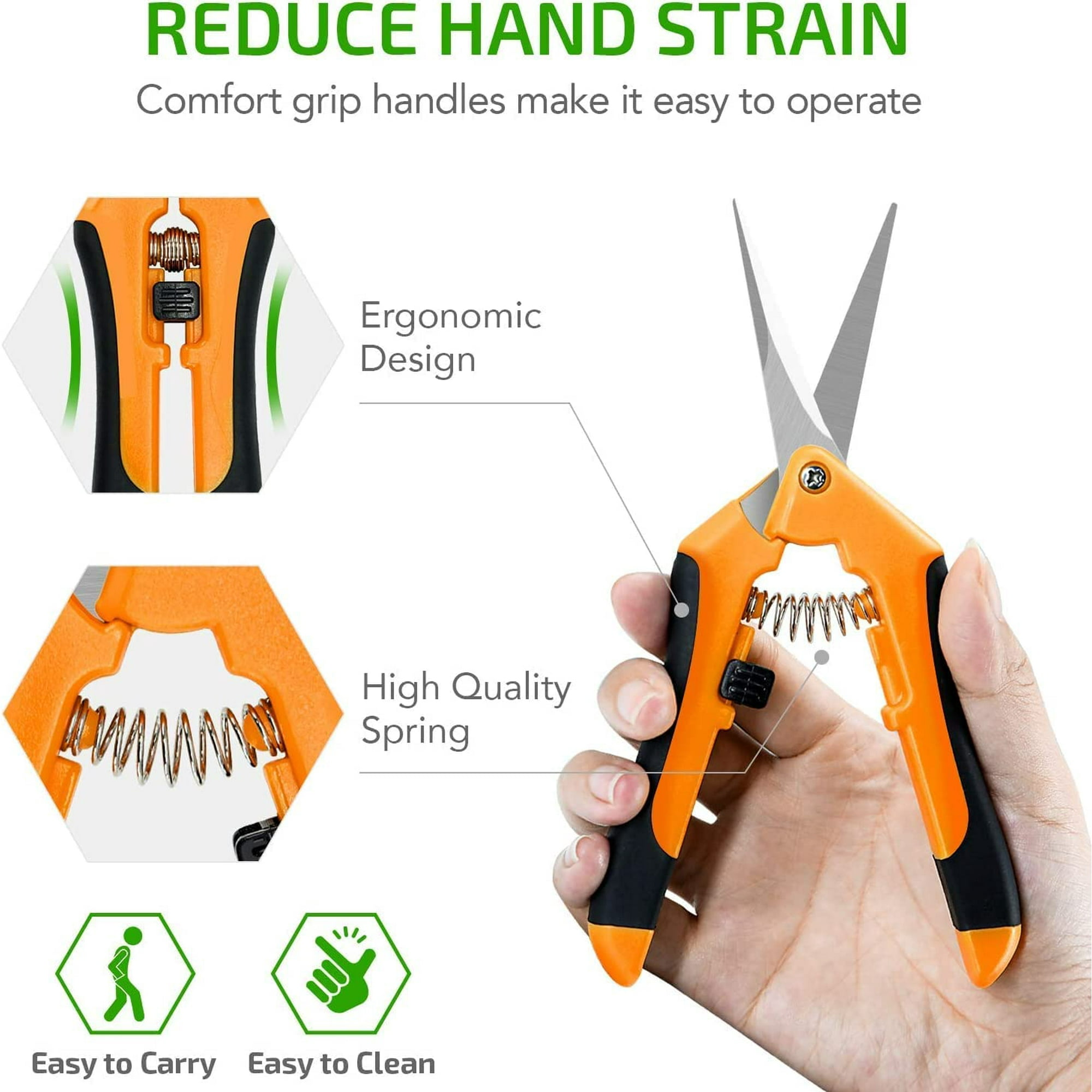 Orange Gartenschere mit ergonomischem Griff, gehalten in einer Hand. Nahaufnahme der Feder.