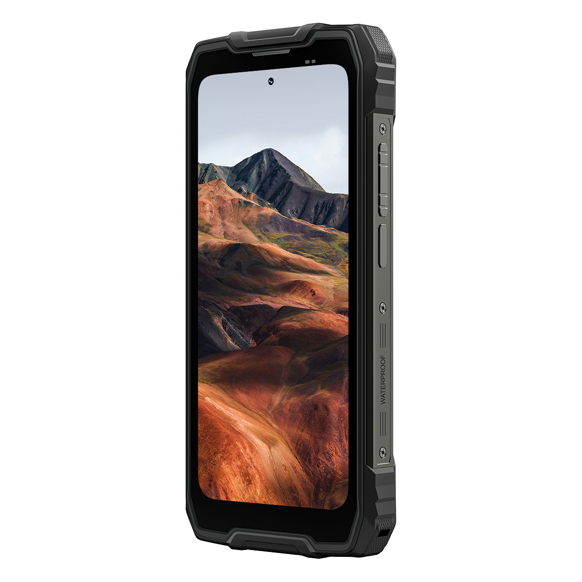 Smartphone robusto con paesaggio montano come sfondo. Montagne bianche e grigie.