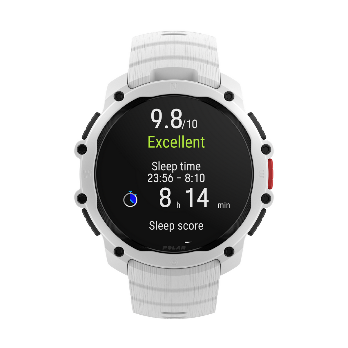 Orologio smart bianco mostra 9,8/10, sonno eccellente, 8h 14m tempo di sonno.