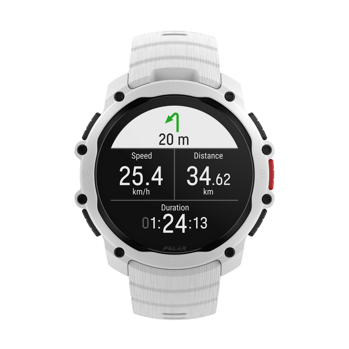 Orologio sportivo bianco con navigazione, velocità, distanza e durata.