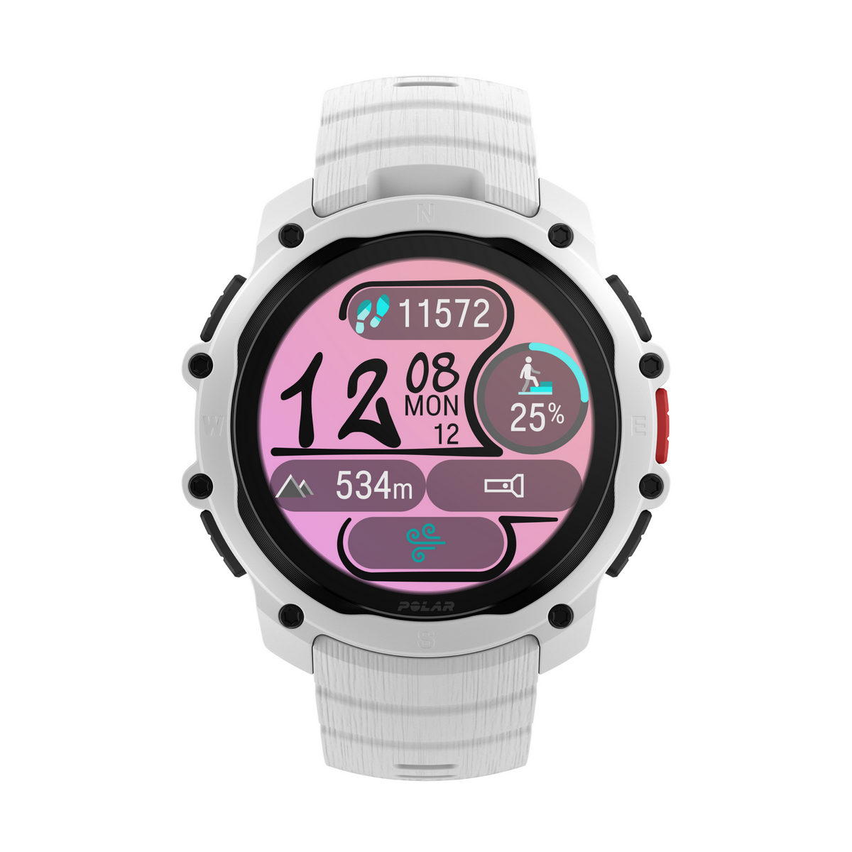 Uno smartwatch Polar bianco con display rosa che mostra 11572 passi, 12:08, altitudine 534m.