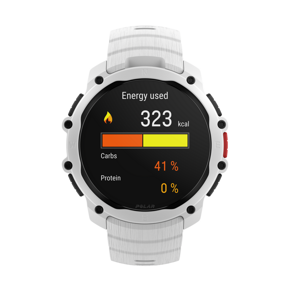 Orologio smart bianco mostra 323 kcal usate, 41% carboidrati, 0% proteine.