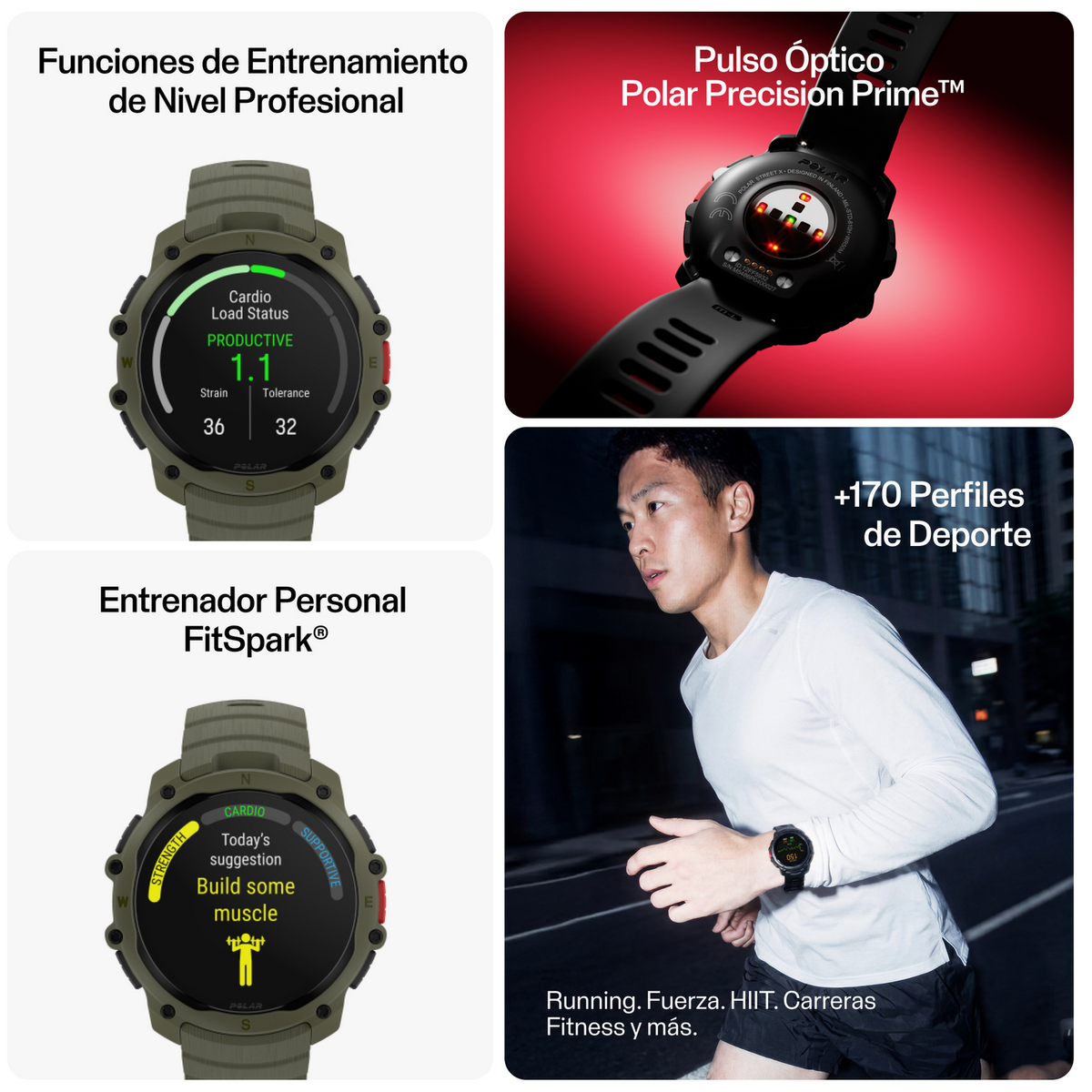 Orologio verde mostra dati allenamento, sensore cardio, corridore mostrato.