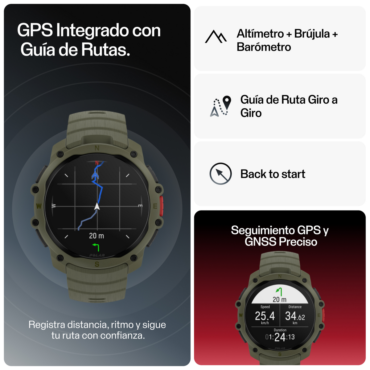 Orologio smart verde con guida percorso GPS, altimetro, bussola e barometro.
