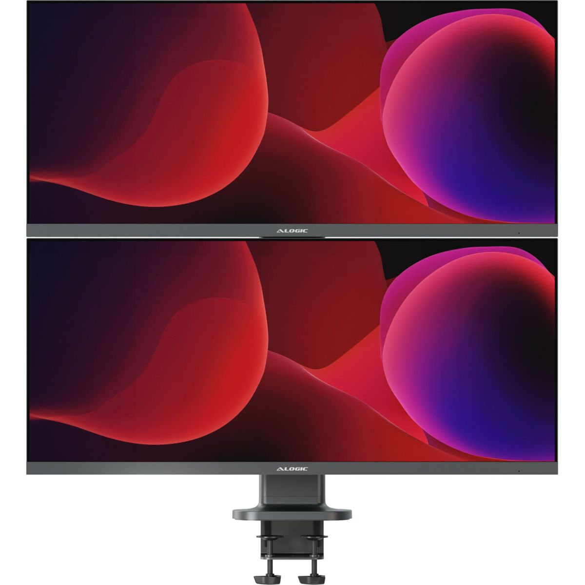 Zwei Monitore mit abstrakter roter und violetter Grafik, die von einer Klemme gehalten werden.