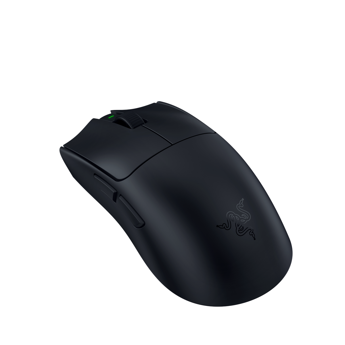 Mouse nero con logo Razer e illuminazione verde, su sfondo nero.