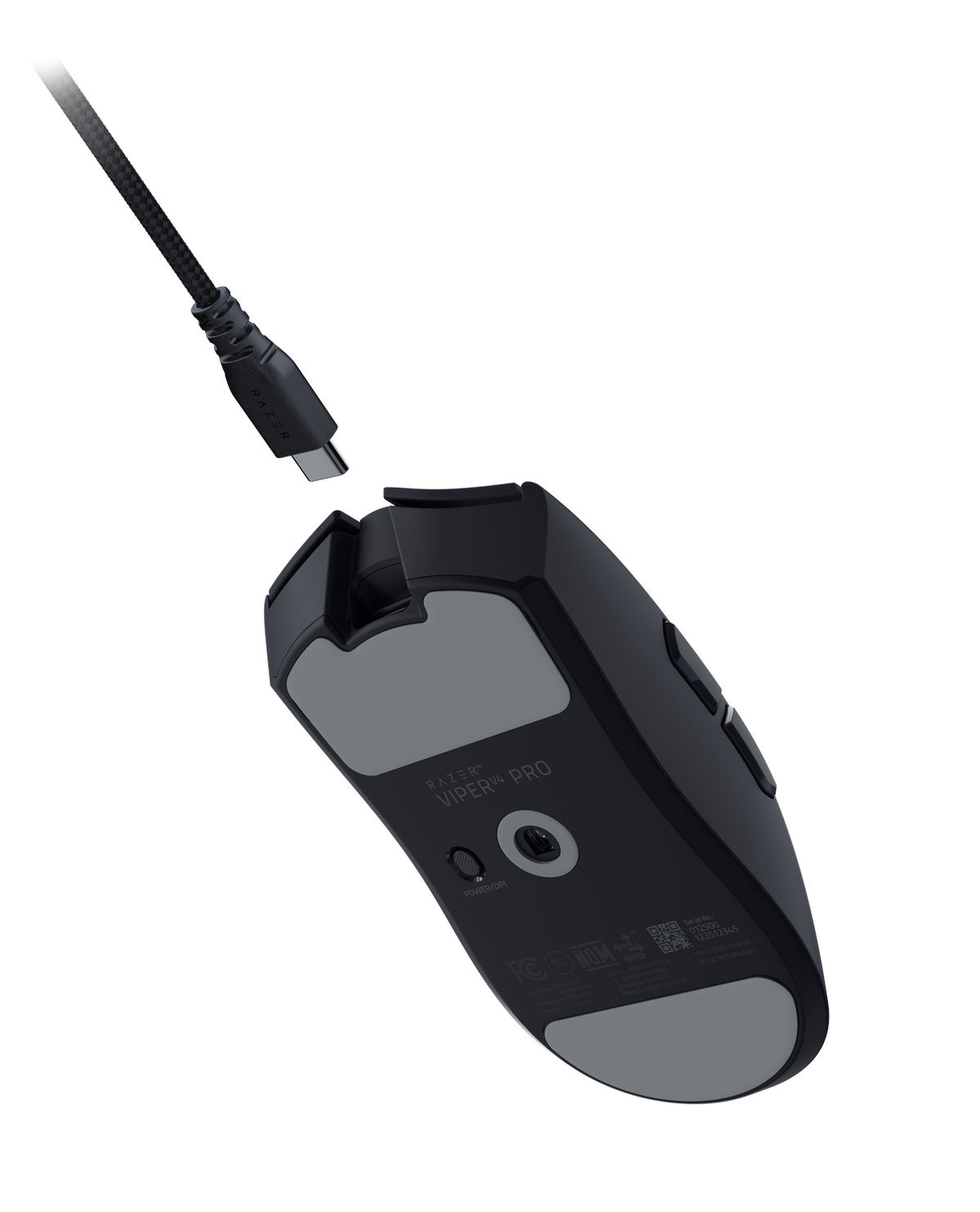Vista inferiore del mouse Razer Viper V2 Pro nero, cavo USB-C scollegato.