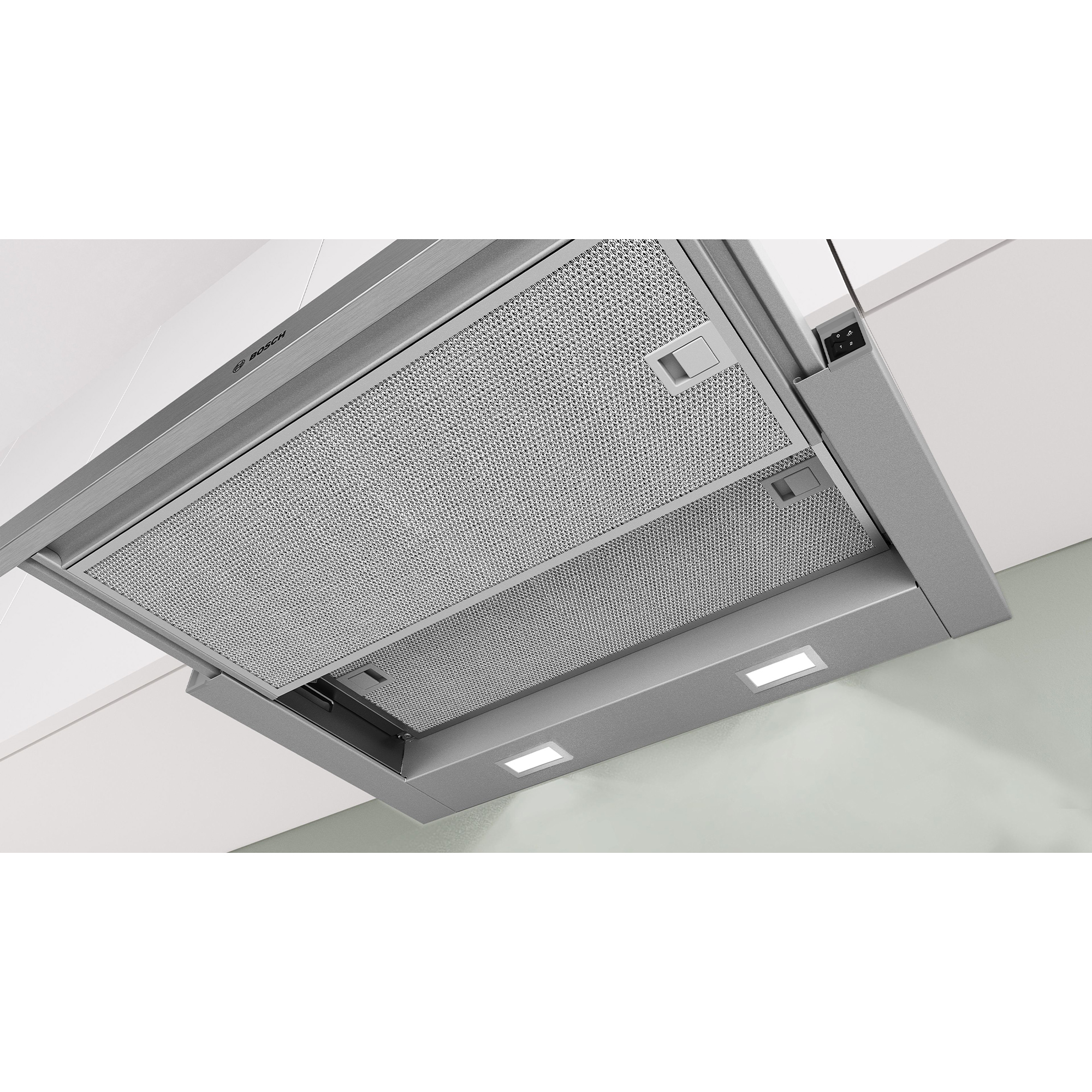 Edler Dunstabzug mit Metallfiltern und LED-Beleuchtung, Bosch-Logo.
