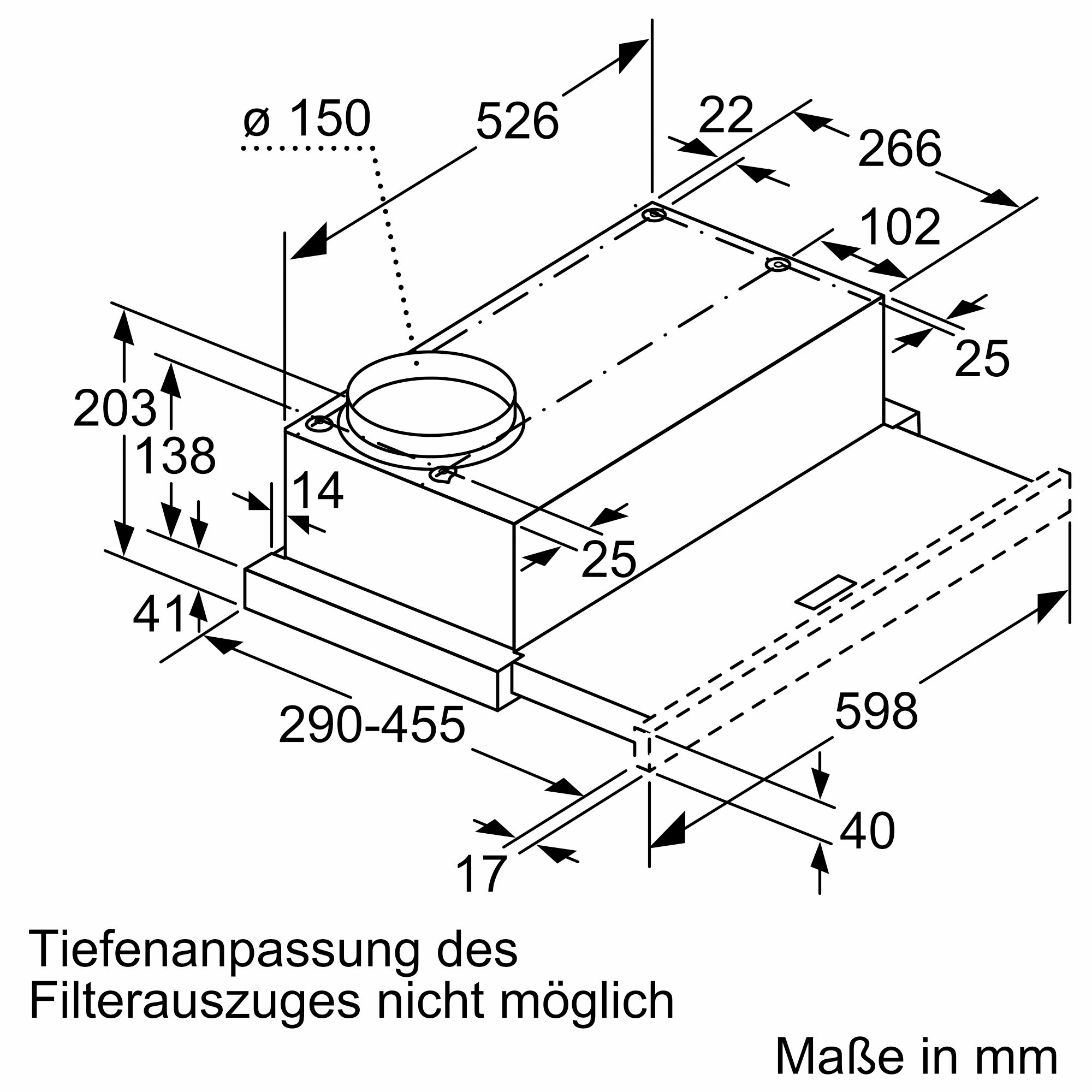 Technische Zeichnung einer Dunstabzugshaube mit Maßen in mm.
