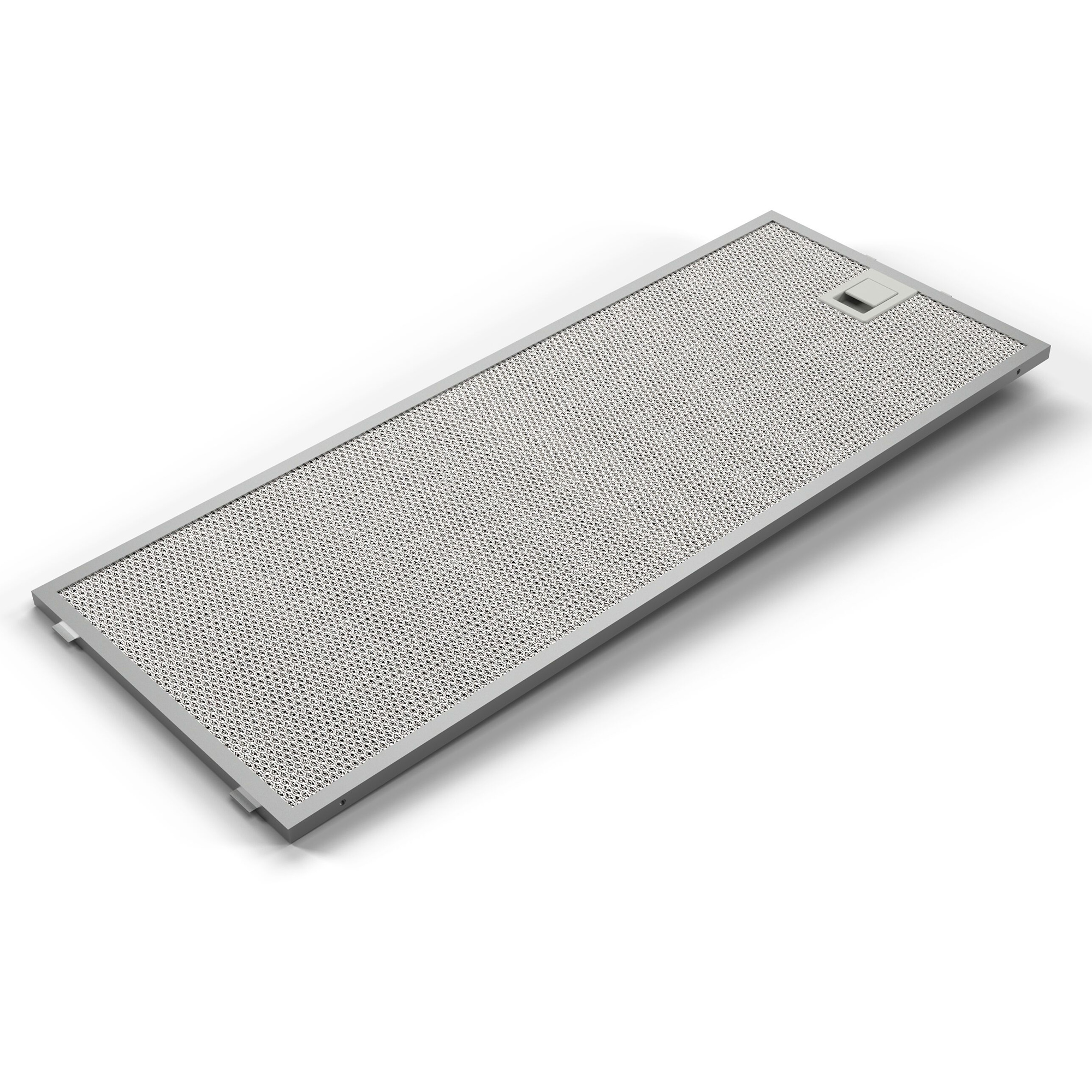 Ein rechteckiger Dunstabzugshaubenfilter aus Metall mit feiner Perforation.