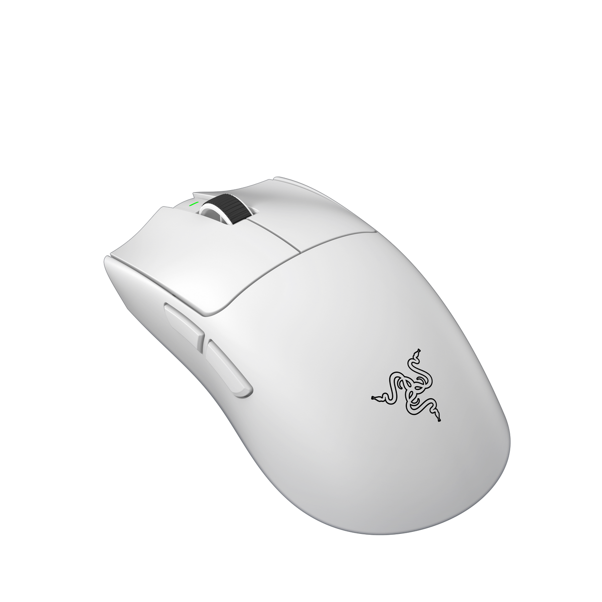 Eine weiße Gaming-Maus mit Razer-Logo und schwarzem Scrollrad.