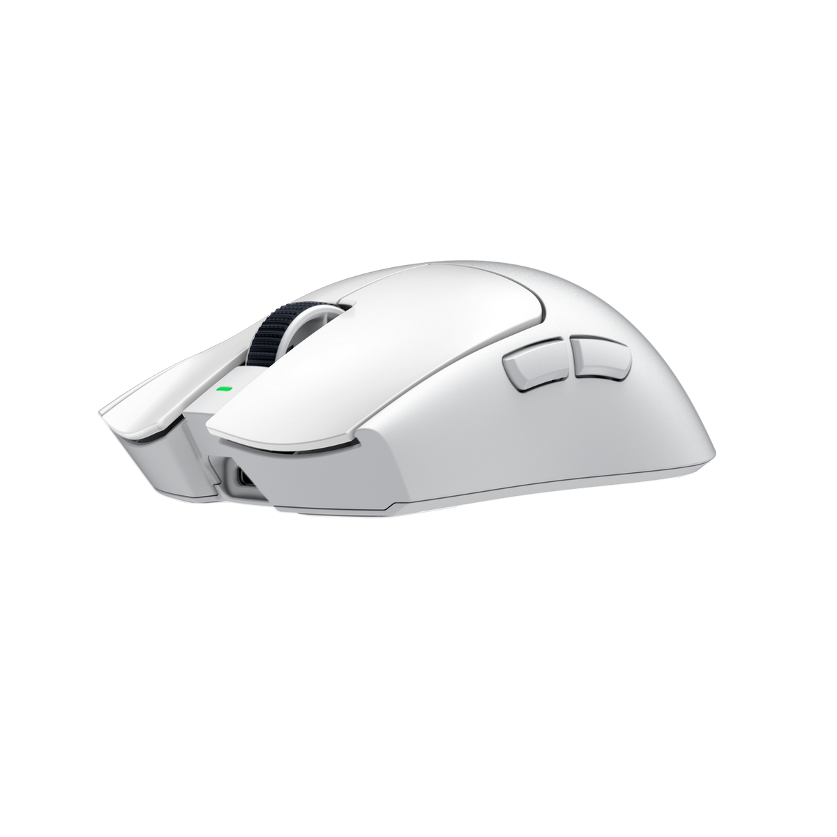 Eine weiße Gaming-Maus mit einem Scrollrad und zwei Seitentasten.