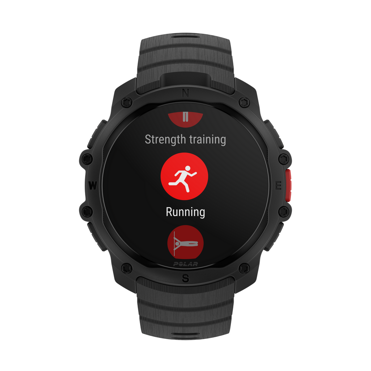 Smartwatch nero con schermo nero che mostra le opzioni di corsa e allenamento di forza.