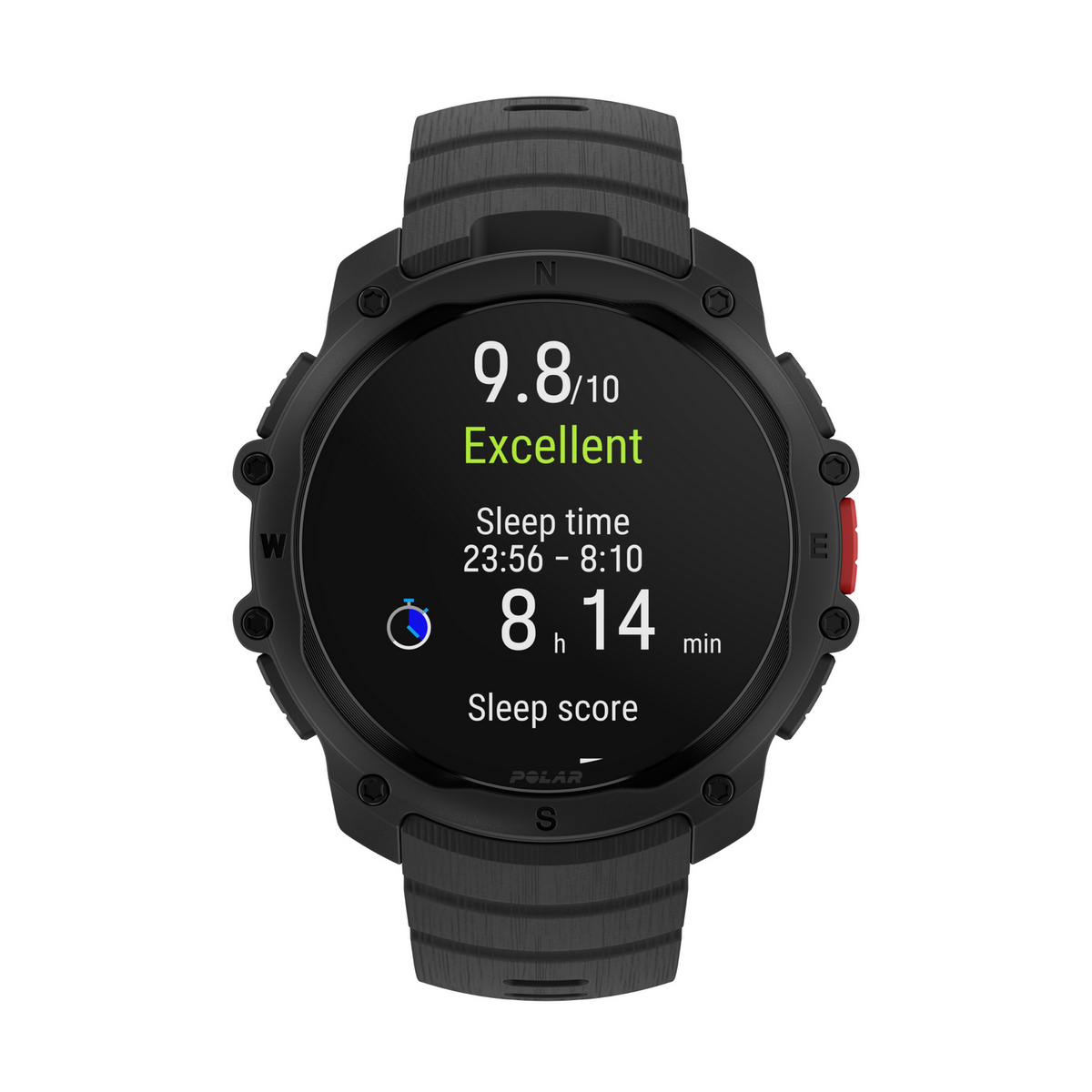 Smartwatch nero con un eccellente punteggio del sonno di 9.8/10.