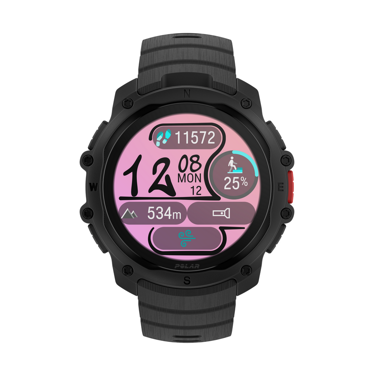 Smartwatch nero con display colorato che mostra 11572 passi, ore 12, 08 LUN 12, 534m.