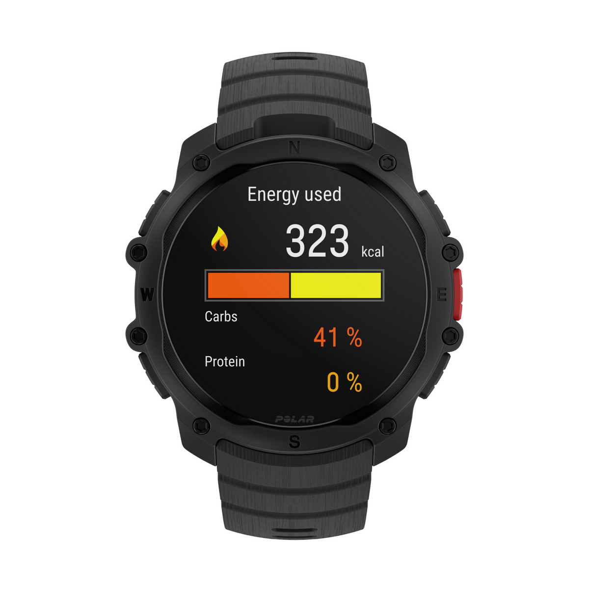 Uno smartwatch nero mostra 323 kcal di energia utilizzata.