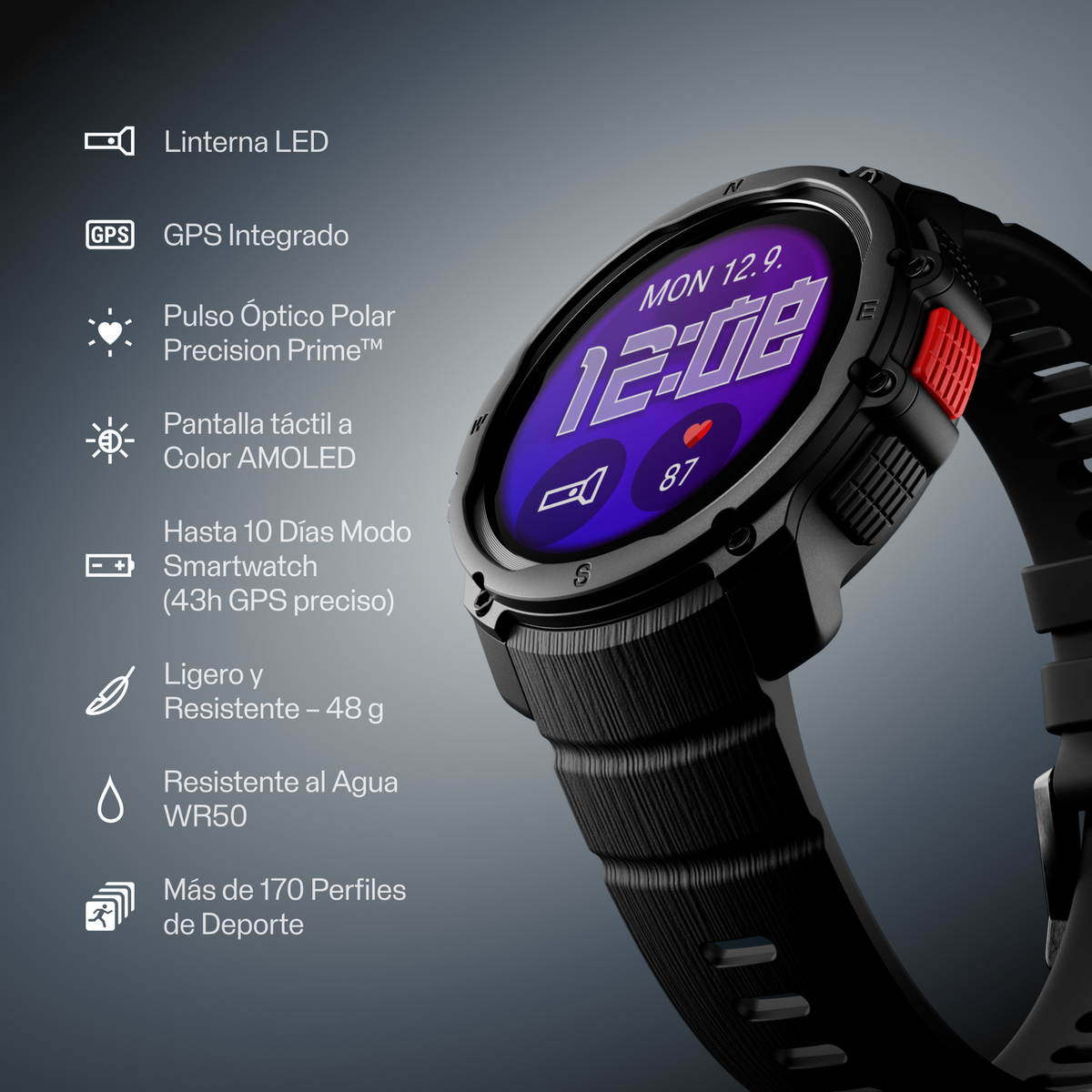 Uno smartwatch nero con display AMOLED che mostra ora e frequenza cardiaca.