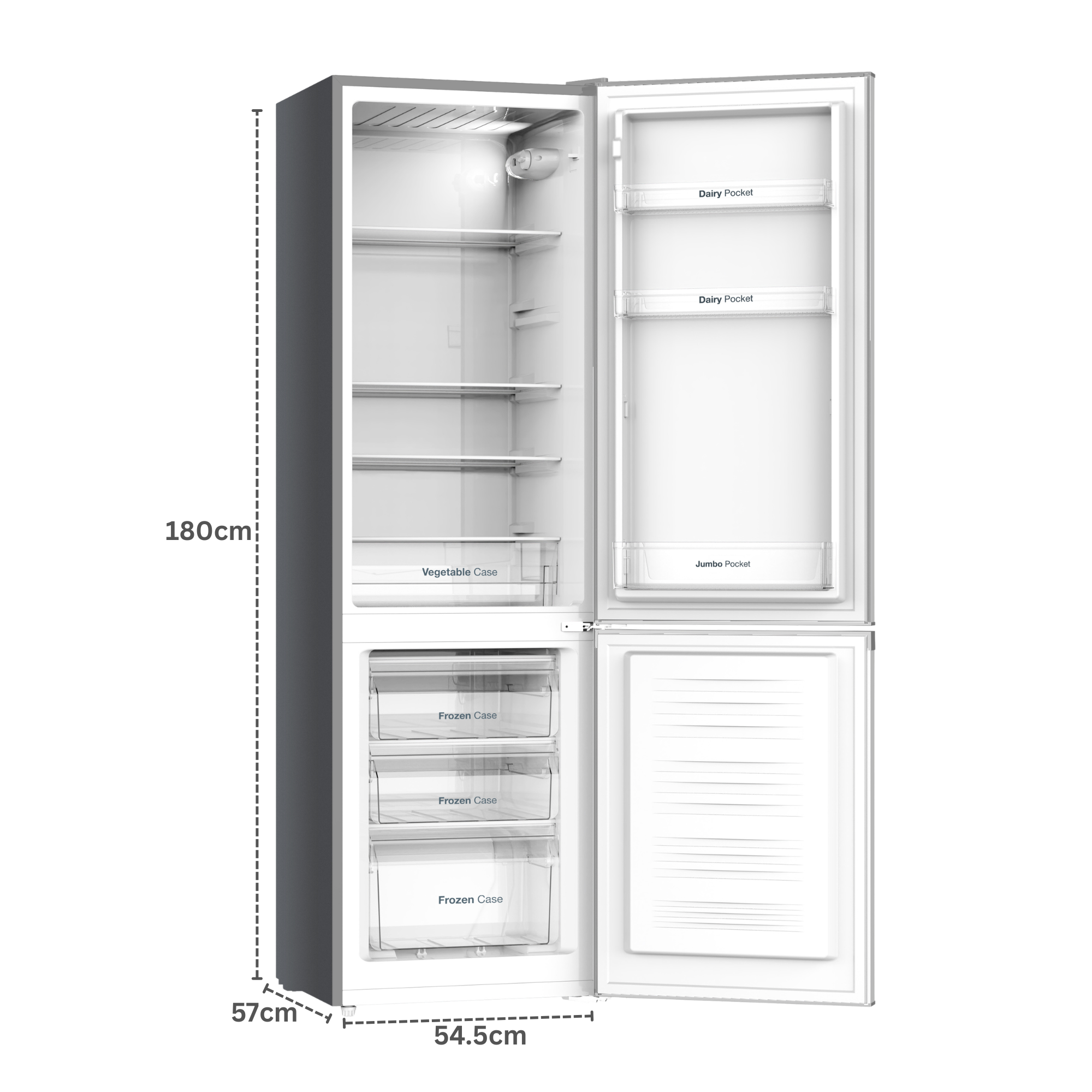 Un refrigerador abierto que muestra estantes, cajones y compartimentos en la puerta.