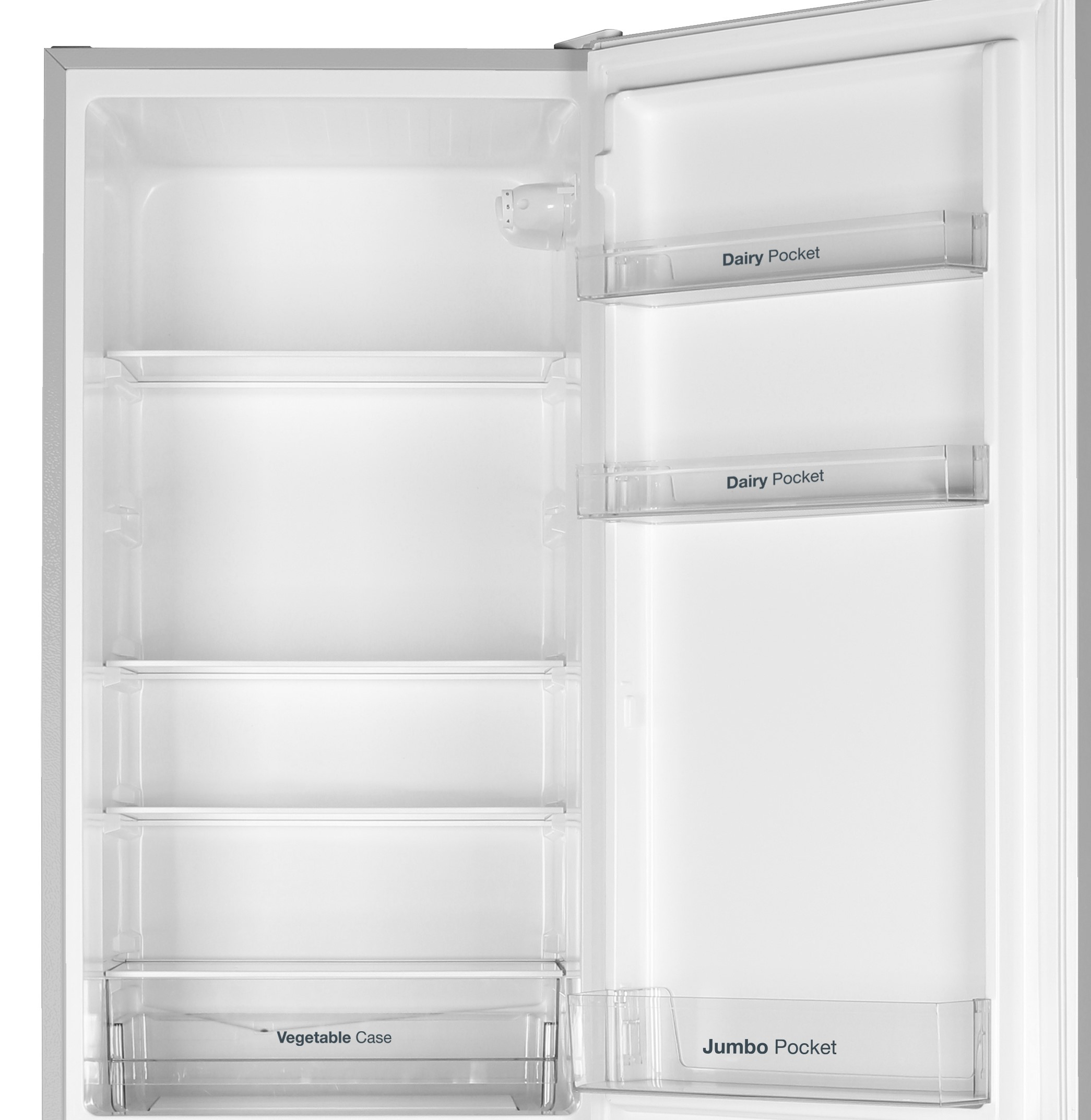 Refrigerador vacío con estantes, cajón para verduras y compartimentos en la puerta.