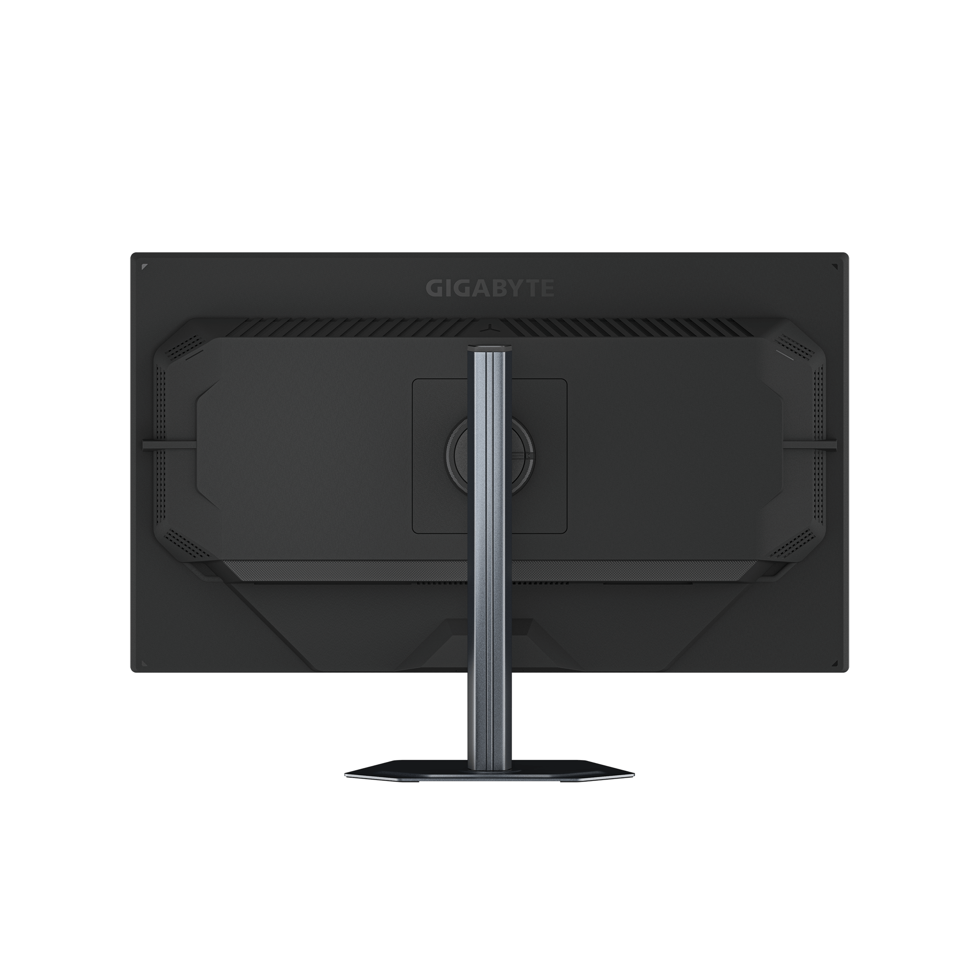 Back view of a black monitor with Gigabyte logo and silver stand.