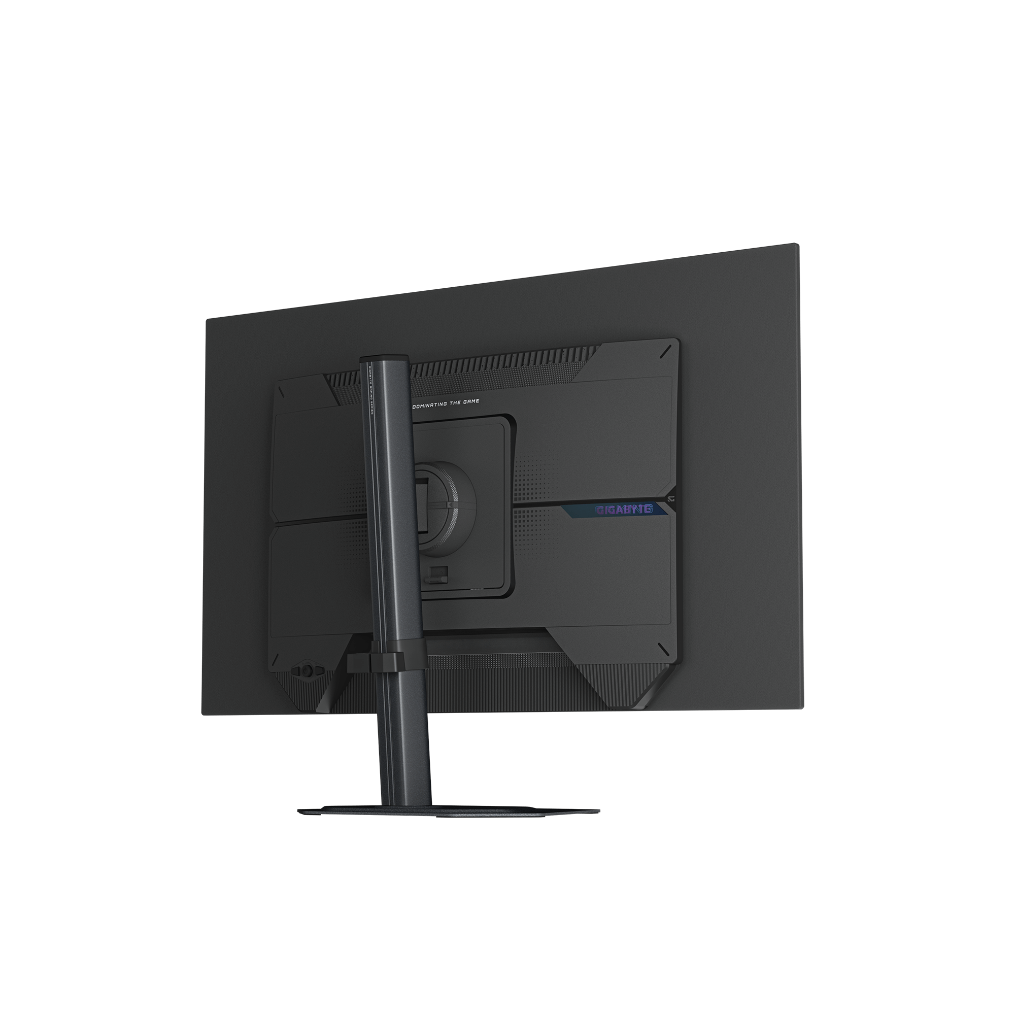 Back of a black monitor with a silver stand and blue 