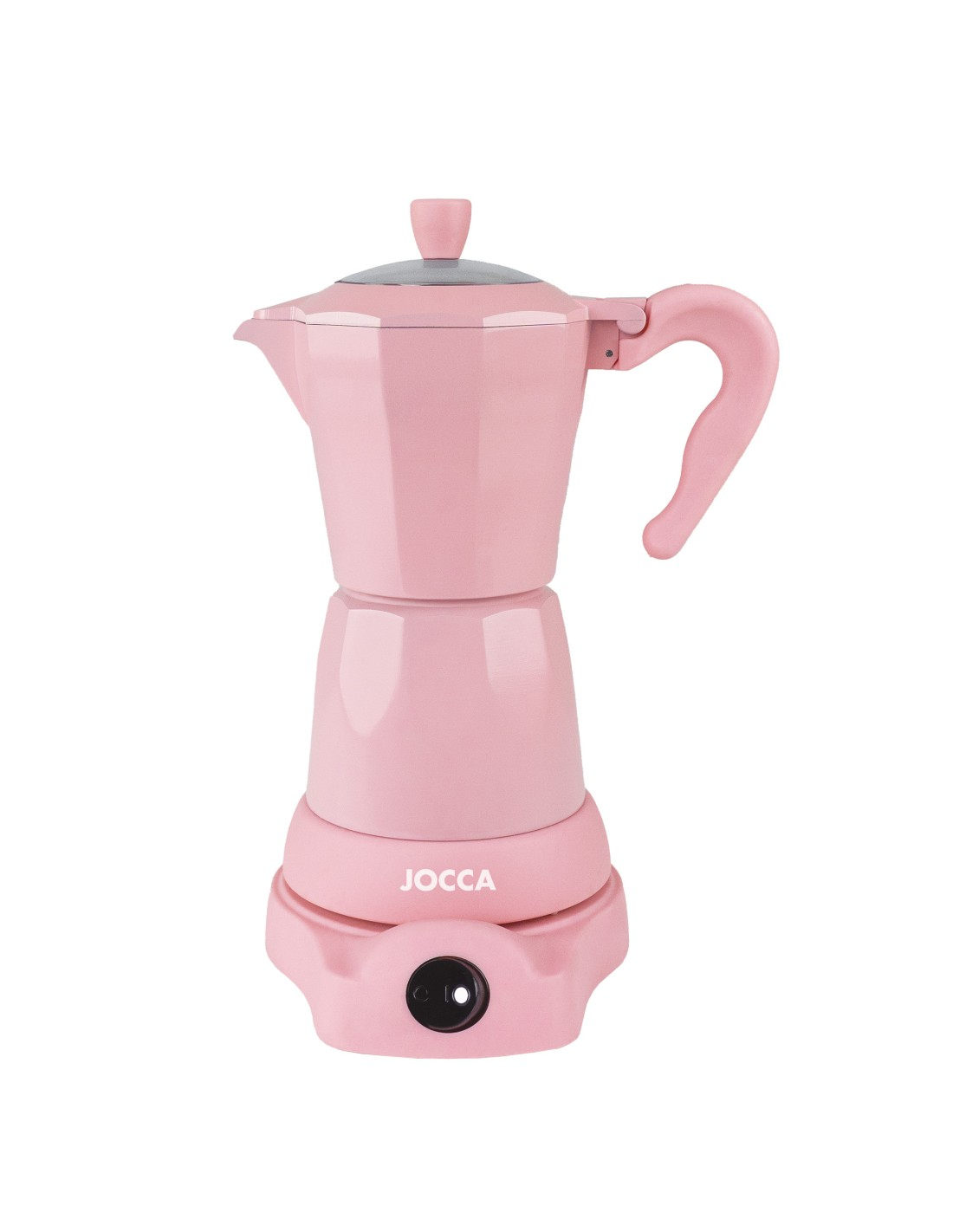 Eine rosa Jocca Espressokanne mit silbernem Deckel und schwarzem Schalter.