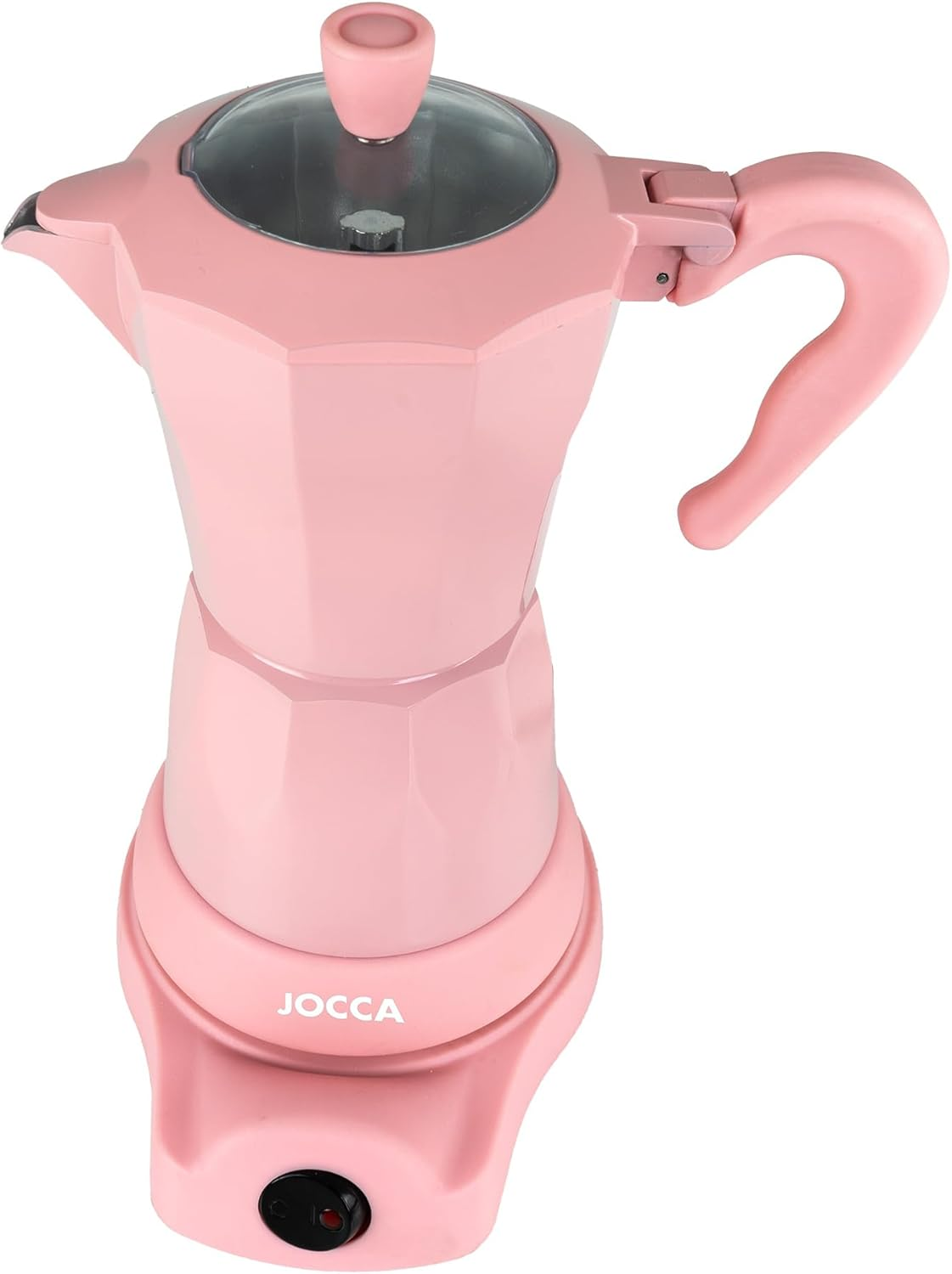 Eine rosa Kaffeemaschine mit Glasdeckel und Griff.