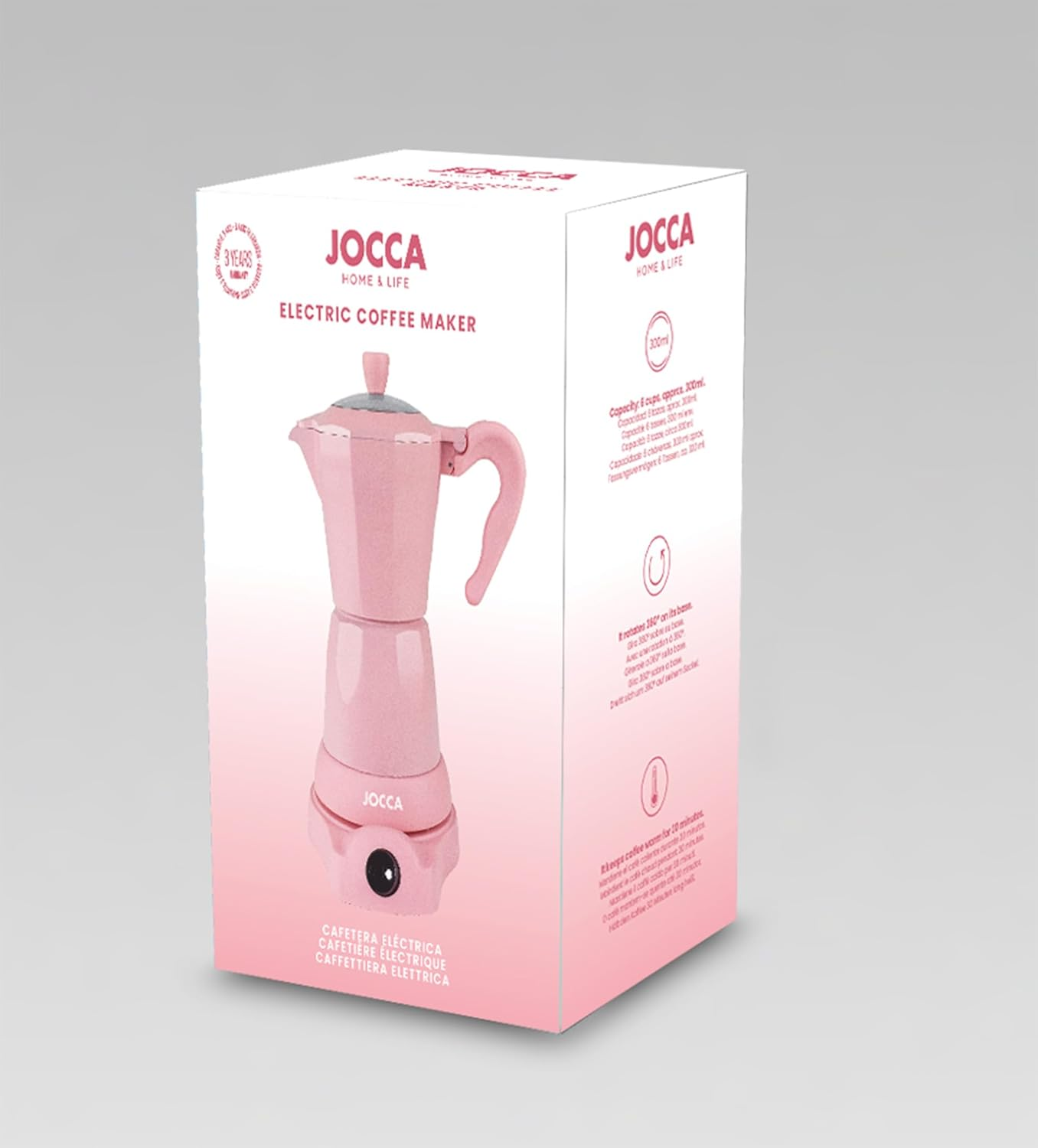 Verpackung eines rosafarbenen elektrischen Kaffeekochers von JOCCA.