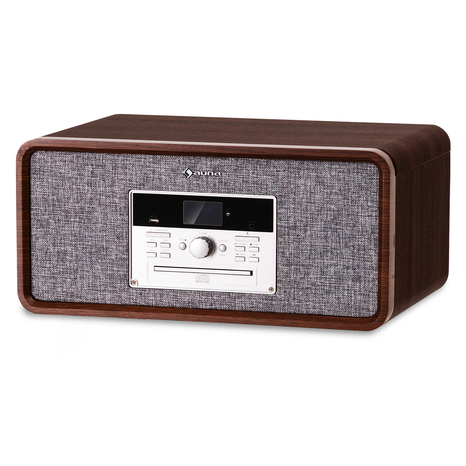 Ein Holzradio mit Stofffront und CD-Player.