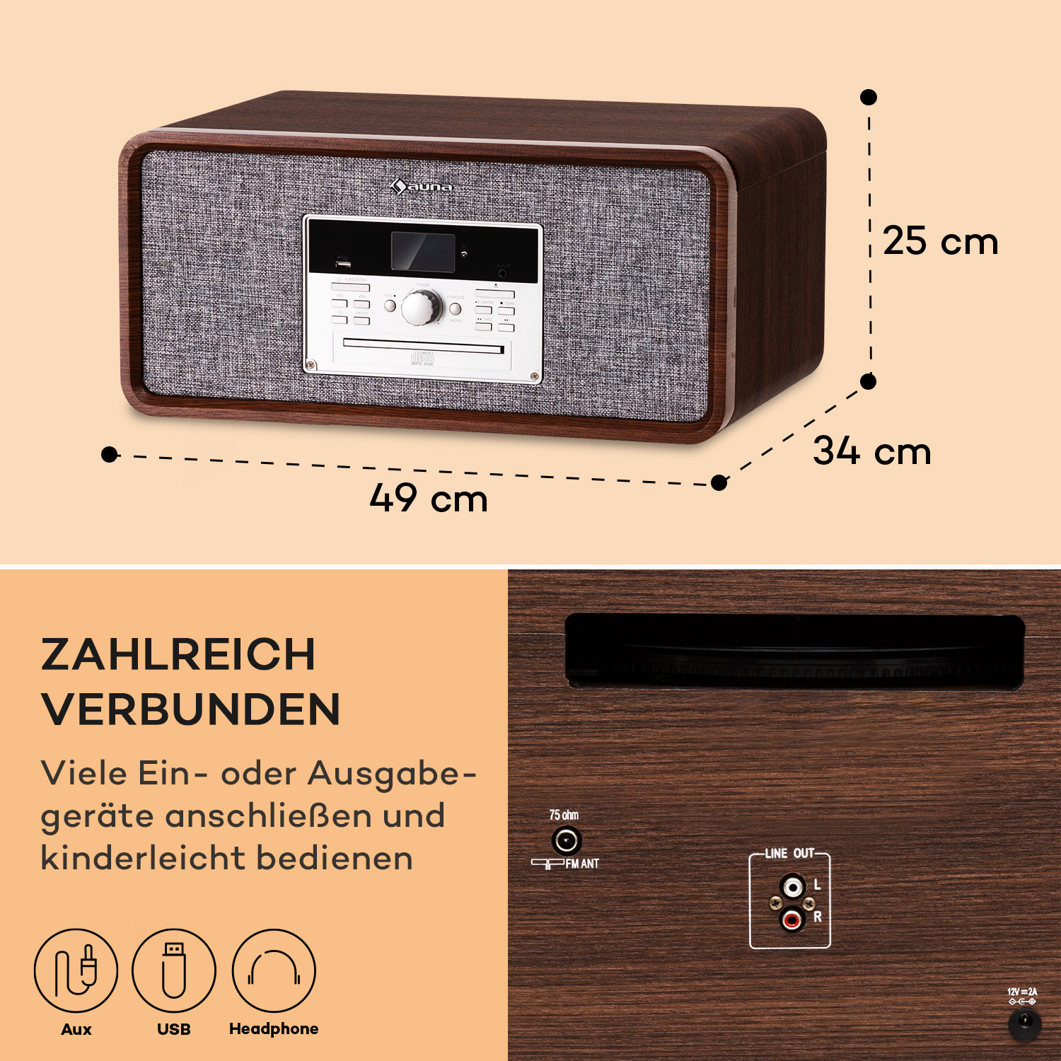 Holzfarbenes Retro-Radio mit CD-Player und Lautsprecher. Maße 49x25x34cm.