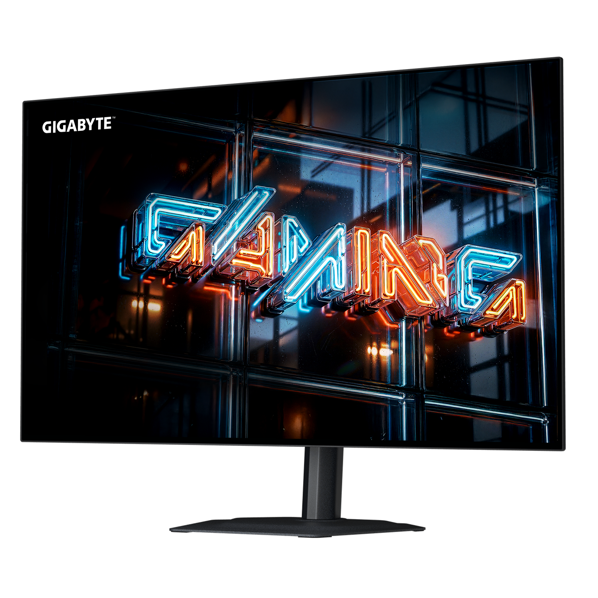 Gigabyte-Logo auf einem Monitor, der "GAMING" in Neonlichtern zeigt.
