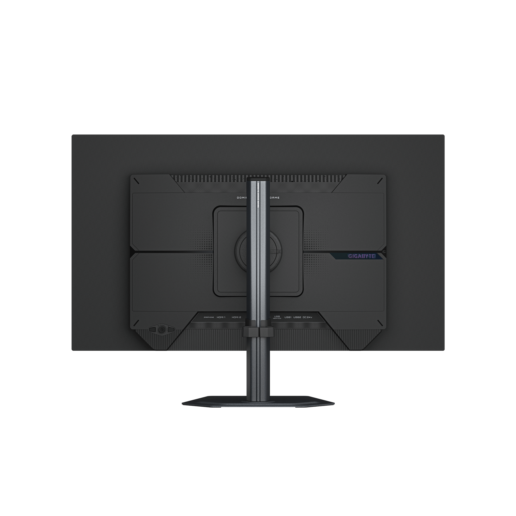 Rückansicht eines schwarzen Monitors mit silbernem Standfuß und Anschlüssen.