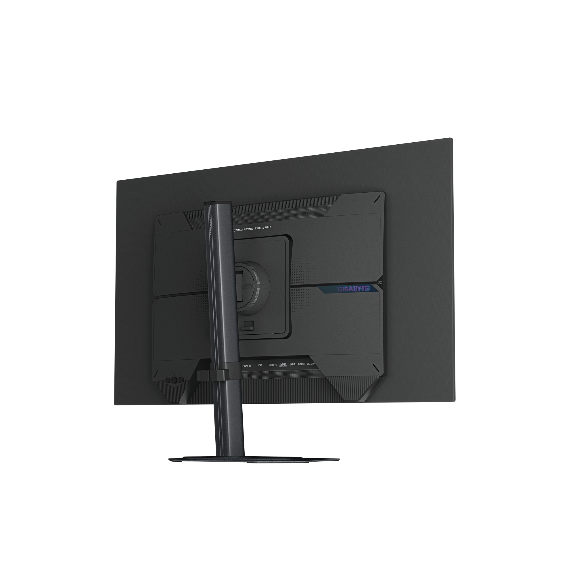 Rückseite eines schwarzen Monitors mit Anschlüssen und Logo.