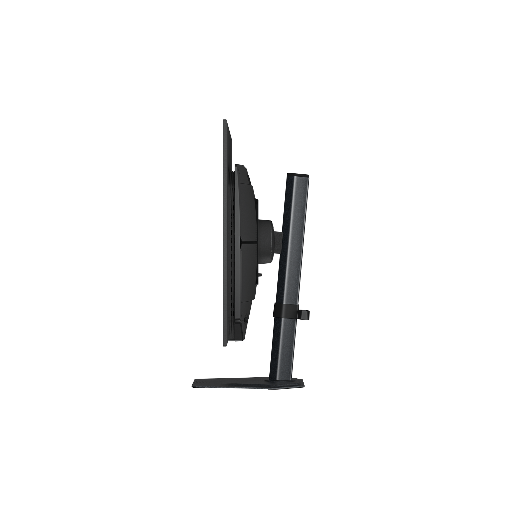 Schwarzer Monitor auf einem Ständer, von der Seite betrachtet. Minimalistisches Design.