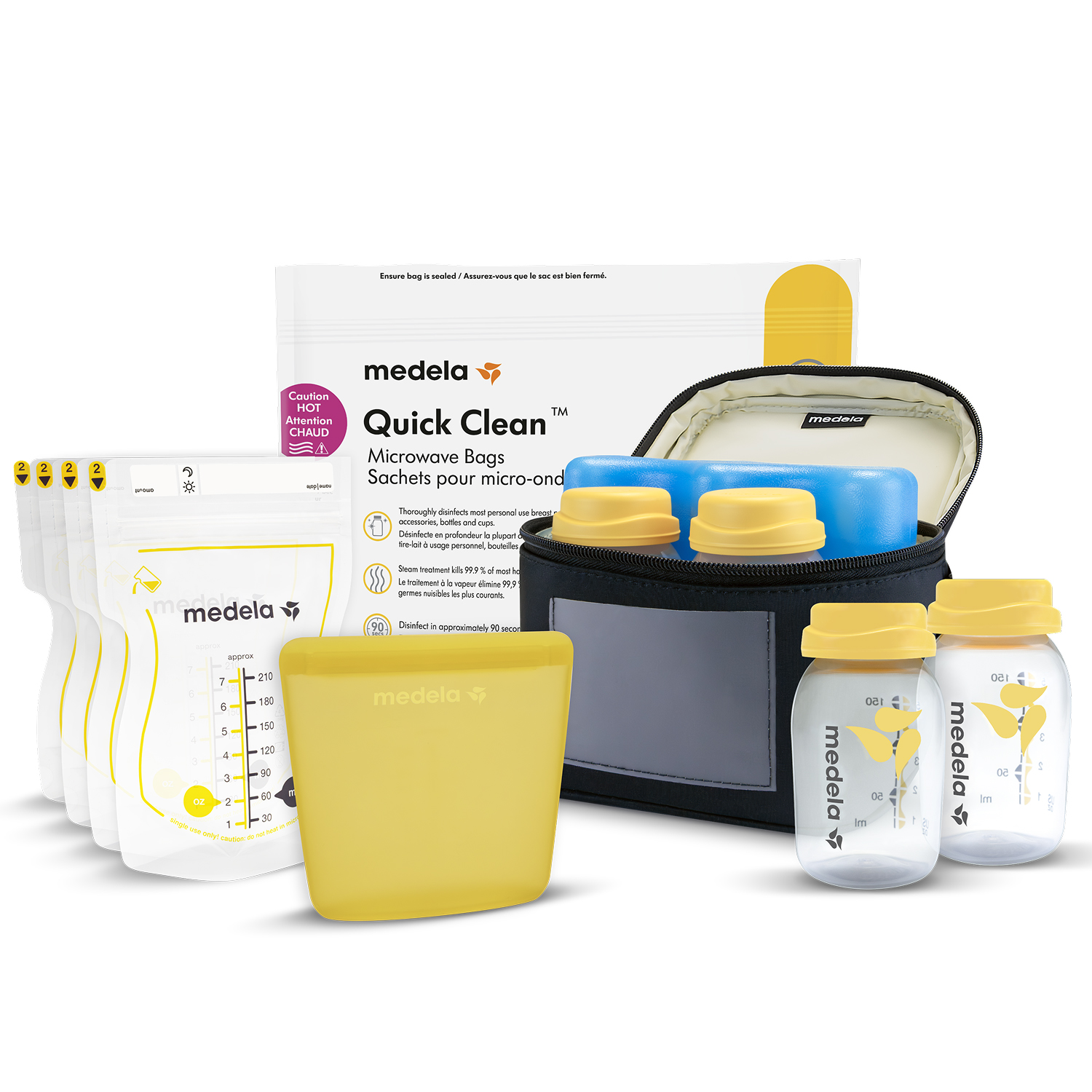 Medela-Produkte: Mikrowellenbeutel, Fläschchen, Kühlpack und Aufbewahrungsbeutel.