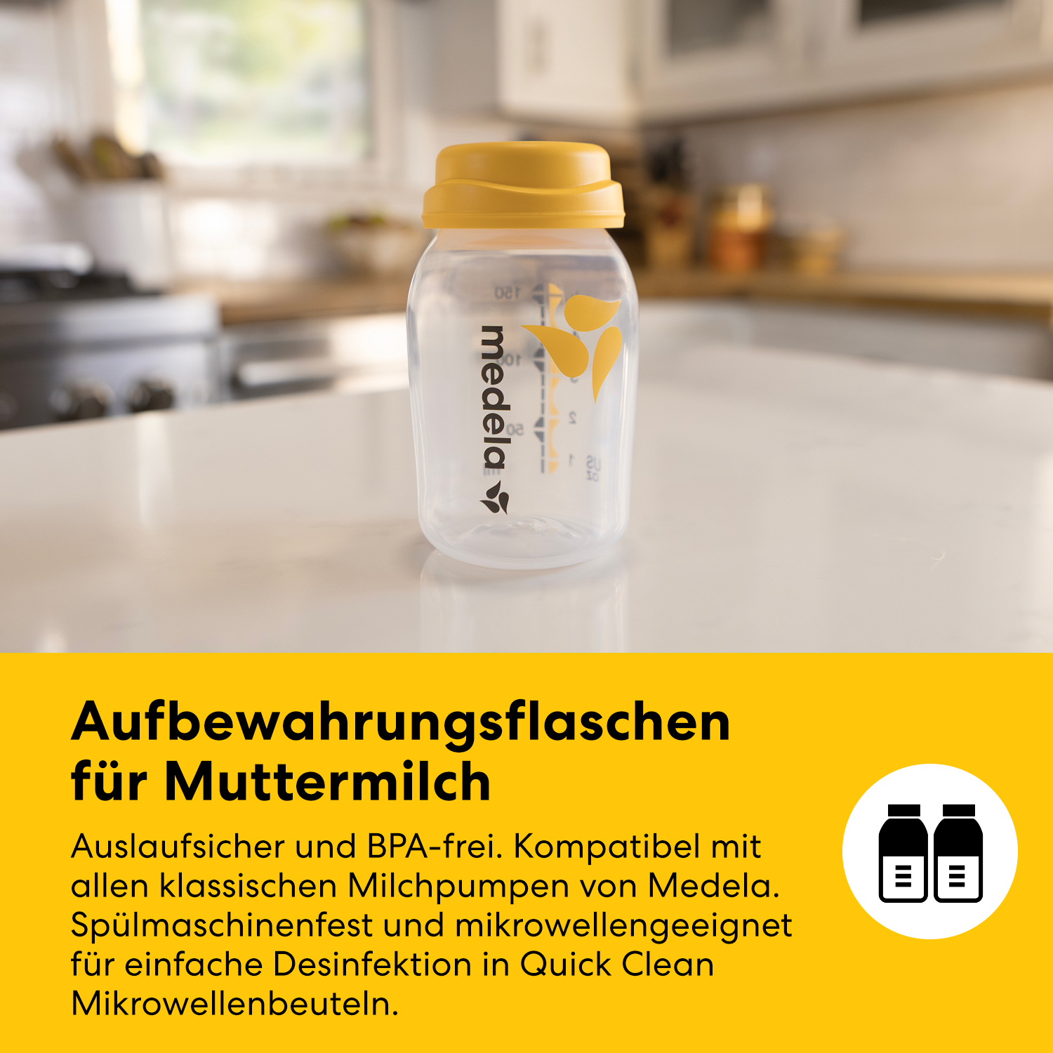 Eine Medela-Flasche mit gelbem Deckel steht auf einer Arbeitsplatte.