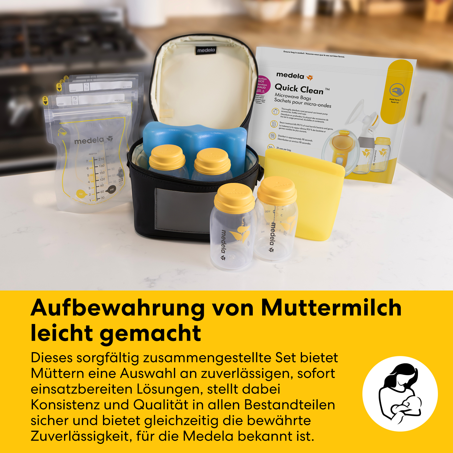 Medela Muttermilch-Aufbewahrungs-Set mit Beuteln, Flaschen, Kühler und Tasche.