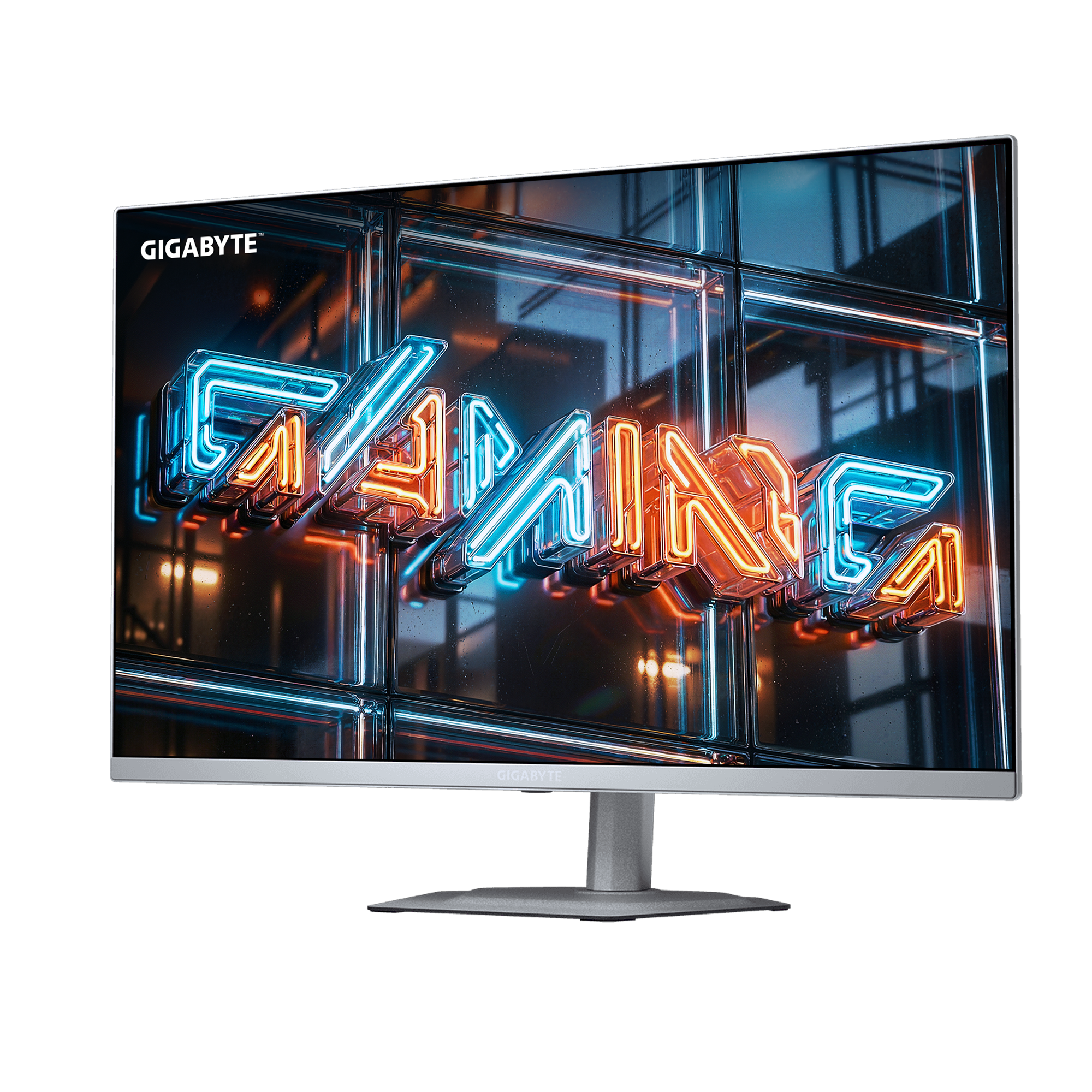 Gigabyte monitor displaying neon 'GAMING' text in blue and orange.
